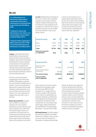 We will




                                                                                                                                                        5.0 My Future
 • In collaborazione con il                    La carta. Vodafone Italia ha introdotto da               L’utilizzo di carta riciclata non ha in
 Dipartimento Safety definire                  diversi anni, in tutte le sedi, la possibilità           passato seguito delle direttive interne
 una procedura interna per la                  di scegliere carta ecologica riciclata al                puntuali, per il prossimo futuro Vodafone
 realizzazione di controlli periodici          100% per stampanti, fotocopiatrici e fax.                Italia ha invece deciso di istituzionalizzare
 lungo la filiera dei rifiuti (Marzo           Considerando la logica legata alle scorte                l’utilizzo della carta ecologica in tutte
 2010)                                         di magazzino e la riduzione del numero di                le proprie sedi attivando dei processi
                                               dipendenti, gli acquisti di carta nel 2009               di comunicazione e sensibilizzazione
 • Sostituire in tutte le sedi                 sono sostanzialmente in linea con gli                    interna rivolti a tutti i dipendenti.
 dell’azienda la carta “bianca” con            abituali consumi.
 carta ecologica a basso impatto
 ambientale (Marzo 2011)
                                                Acquisti di carta (kg)            2009           %            2008        %          2007         %
 • Paperless billing: raggiungere il
 60% di clienti consumer e il 30%               Bianca                          98.420        63%          120.000      70%         69.000     51%
 di clienti business attraverso la
                                                Riciclati                       58.990        37%           51.000      30%         66.000     49%
 fatturazione on line (Marzo 2011)
                                                Totale                         157.410       100%          171.000    100%         135 .000   100%

                                                Kg di carta consumati /
                                                n. di dipendenti                 19,28                       20,68                   14,76
L’acqua. La principale fonte idrica di
Vodafone Italia sono gli acquedotti
dai quali proviene l’acqua necessaria a
soddisfare i servizi presenti nelle diverse
sedi dell’azienda. L’acqua è acquistata         Consumi idrici (litri)                          2009                    2008                   2007
in parte attraverso le municipalizzate,
in parte attraverso aziende private.            Acqua per i servizi
L’azienda acquista inoltre acqua potabile       alle strutture                           67.129.647               67.527.080             70.388.564
che mette a disposizione delle proprie          Acqua potabile distribuita
persone attraverso distributori presenti in     nei “boccioni”                               407.668                 555.273                       -
tutti i piani delle diverse sedi.               Tot. consumi di acqua                  67.537.315                 68.082.353            70.388.564

                                                Consumi specifici
A fronte di una lieve diminuzione
                                                (litri/n. dipendenti)                           8.273                  8.232                  7.694
complessiva dei consumi idrici totali
(-0,80%) il 2009 registra un aumento
dei consumi specifici (+0,50%) dovuto ai
cantieri in corso per la ristrutturazione      istituti scolastici che ne fanno richiesta.              aziende che aderiscono al programma.
delle sedi, ad un guasto presso la sede        Dalla partenza del progetto ad oggi                      In tutte le sedi dell’azienda, nelle aree
di Bologna ed alla realizzazione di una        sono stati donati 600 PC ad oltre                        “copy” sono presenti dei contenitori per
nuova centrale idrica presso la sede di        centoventi enti. La maggior parte dei                    la raccolta delle cartucce esauste.
Catania con lo scopo di garantire una          PC dimessi vengono rottamati poiché                      Le cartucce ritirate HP vengono suddivise
maggiore riserva da usare in caso di           un loro riutilizzo non garantirebbe una                  in plastica, metalli e residui d’inchiostro,
necessità.                                     prestazione adeguata. La rottamazione                    schiuma o toner, per essere trasformate
                                               viene eseguita da società specializzate,                 in materie prime utilizzabili per fabbricare
Nuova vita ai nostri PC. Il progetto           la separazione dei materiali avviene                     nuovi prodotti. I materiali di scarto,
nasce nel 2003 con l’obiettivo di              manualmente, così come previsto dalle                    l’inchiostro o il toner residui sono usati
riutilizzare i PC non più utilizzati           vigenti leggi in materia ambientale (ai                  nel recupero energetico, per ridurre il
dall’azienda ma ancora idonei per poter        sensi del DPR 441/97 e della Circolare                   consumo di combustibili fossili, oppure
essere riutilizzati in altri contesti. Tutti   Ministeriale n. 193/E del 23/07/1998 ).                  smaltiti in modo ecocompatibile.
i PC dismessi vengono inviati a una
società esterna incaricata di fare uno         HP Planet Partners. Dal 2003 Vodafone
screening accurato sulla base di precise       Italia aderisce al programma di Hewlett
caratteristiche tecniche, quelli ritenuti      Packard che si impegna a ritirare e inviare
idonei vengono testati, ricondizionati e       al riciclo le cartucce di stampa di fax,
donati a enti, associazioni non profit ed      fotocopiatrici e stampanti utilizzate dalle




                                                                                                                                                        37
 
