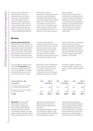 6.0 Sviluppo della rete e campi elettromagnetici

                                                   Anche nel corso dell’ultimo anno                   definite a livello di Gruppo.                        nell’arco di sei anni).
                                                   Vodafone Italia ha continuato a                    Quest’obiettivo è stato perseguito anche             Anche nel 2009 il Gruppo Vodafone
                                                   sviluppare la propria rete nel pieno               grazie all’accordo di site-sharing per               ha affidato ad una società esterna una
                                                   rispetto della normativa italiana sui              la condivisione delle infrastrutture per             survey per valutare quanto Vodafone sia
                                                   campi elettromagnetici (tra le più                 stazioni radio base (pali e tralicci, impianti       percepita come azienda responsabile
                                                   restrittive al mondo), dialogando con              elettrici, etc.) con Telecom Italia, che             sui temi legati ai campi elettromagnetici
                                                   le Amministrazioni Locali e cercando               ha consentito, e consentirà in futuro,               e alla salute: i risultati quantitativi forniti
                                                   contemporaneamente di minimizzare                  di ridurre il numero complessivo di pali             dagli stakeholder italiani, in linea con
                                                   l’impatto visivo ed ambientale degli               e tralicci presenti sul territorio italiano          quelli di Gruppo, hanno confermato
                                                   impianti, nel rispetto delle linee guida           (l’accordo prevede la condivisione di circa          un giudizio positivo sull’operato di
                                                   sul “Responsible Network Deployment”               8.000 siti di ciascuno dei due operatori             Vodafone Italia.




                                                   We have
                                                   Sviluppo responsabile della rete.                  line www.myfuture.vodafone.it).                      impianto. Questa valutazione, effettuata
                                                   Tutti gli impianti di Vodafone Italia sono         L’esigenza di confrontarci con limiti così           tramite calcoli e misure, viene poi
                                                   progettati e realizzati per rispettare i limiti    bassi (fino a 100 volte inferiori, in termini        sottoposta all’approvazione delle Agenzie
                                                   di esposizione ai campi elettromagnetici           di densità di potenza, rispetto a quelli             Regionali di Protezione nell’Ambiente,
                                                   stabiliti dalla normativa italiana (Legge          fissati dall’Unione Europea) introduce               dell’ambito delle rigorose procedure di
                                                   Quadro n. 36 del 2001, e Decreto dell’8            vincoli molto stringenti al progetto                 autorizzazione definite dal Codice delle
                                                   luglio 2003) che continuano ad essere              delle stazioni radio base, rendendo                  Comunicazioni Elettroniche (Decreto
                                                   tra i più restrittivi al mondo (vedi tabella       necessaria una valutazione caso per caso             Legislativo n. 259 del 2003).
                                                   Limiti di esposizione (V/m) pubblicata on          dell’impatto elettromagnetico di ogni




                                                   La rete di Vodafone in Italia conta al 31          UMTS (10.021 impianti, principalmente                e funzionali. Si segnala in particolare
                                                   marzo 2009 13.179 siti fisici presso               per servizi dati di terza generazione).              l’attività di upgrade, su quasi tutti i siti, al
                                                   i quali sono installate le stazioni radio          Con l’obiettivo di assicurare ai clienti             massimo consentito dalla tecnologia (7,2
                                                   base in tecnologia GSM (11.181 impianti,           la migliore qualità del servizio di                  Mbit/s).
                                                   prevalentemente dedicate al servizio               connessione sia voce che dati, vengono
                                                   voce, sms ed mms) ed in tecnologia                 impiegate le tecnologie più innovative




                                                      Stazioni Radio Base – SRB                               GSM              UMTS               GSM          UMTS                GSM             UMTS
                                                      GSM e UMTS                                                       31/03/2009                        31/03/2008                        31/03/2007

                                                      Numero di stazioni radio base installate
                                                      su strutture create appositamente                       3.165            2.004             3.738          1.618             4.397             1.488

                                                      Numero di stazioni radio base installate
                                                      su strutture pre-esistenti                              8.016            8.017             7.168          7.165             6.085             6.081
                                                      Totale                                                11.181            10.021            10.906          8.783           10.482             7.569




                                                   Site sharing. Nel novembre 2007                    2008, entro sei anni dalla costituzione              operative relative agli aspetti tecnici e
                                                   Vodafone Italia ha sottoscritto un                 dell’accordo, saranno condivisi circa                organizzativi necessari alla definizione dei
                                                   accordo quadro con Telecom Italia                  8.000 siti esistenti e 1.800 siti di nuova           reciproci impegni contrattuali. L’iniziativa
                                                   per la condivisione delle infrastrutture           costruzione.                                         ha consentito di sviluppare sinergie nei
                                                   di rete (spazi, pali e tralicci, impianti di       Al 31 Marzo 2009 sono già stati condivisi            processi di realizzazione e mantenimento
                                                   condizionamento ed elettrici, etc.) relative       1.492 siti e superato l’obiettivo di 1.060           sia dei siti esistenti che di quelli di nuova
                                                   alle stazioni radio base distribuite su tutto il   siti. Sono state inoltre definite le specifiche      realizzazione, con evidenti vantaggi in
                                                   territorio nazionale. A partire dal 1° Gennaio     tecniche applicative e le linee guida                termini di riutilizzo e di riduzione dei costi




                                         40
 