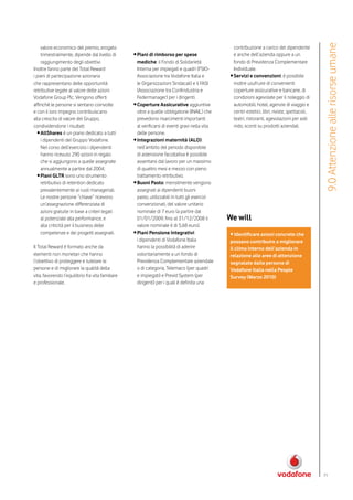 9.0 Attenzione alle risorse umane
    valore economico del premio, erogato                                                          contribuzione a carico del dipendente
    trimestralmente, dipende dal livello di       • Piani di rimborso per spese                   e anche dell’azienda oppure a un
    raggiungimento degli obiettivi.                 mediche: il Fondo di Solidarietà              fondo di Previdenza Complementare
Inoltre fanno parte del Total Reward                Interna per impiegati e quadri (FSIO-         Individuale.
i piani di partecipazione azionaria                 Associazione tra Vodafone Italia e          • Servizi e convenzioni: è possibile
che rappresentano delle opportunità                 le Organizzazioni Sindacali) e il FASI        inoltre usufruire di convenienti
retributive legate al valore delle azioni           (Associazione tra Confindustria e             coperture assicurative e bancarie, di
Vodafone Group Plc. Vengono offerti                 Federmanager) per i dirigenti.                condizioni agevolate per il noleggio di
affinché le persone si sentano coinvolte          • Coperture Assicurative aggiuntive             automobili, hotel, agenzie di viaggio e
e con il loro impegno contribuiscano                oltre a quelle obbligatorie (INAIL) che       centri estetici, libri, riviste, spettacoli,
alla crescita di valore del Gruppo,                 prevedono risarcimenti importanti             teatri, ristoranti, agevolazioni per asili
condividendone i risultati:                         al verificarsi di eventi gravi nella vita     nido, sconti su prodotti aziendali.
  • AllShares è un piano dedicato a tutti           delle persone.
    i dipendenti del Gruppo Vodafone.             • Integrazioni maternità (ALO):
    Nel corso dell’esercizio i dipendenti           nell’ambito del periodo disponibile
    hanno ricevuto 290 azioni in regalo             di astensione facoltativa è possibile
    che si aggiungono a quelle assegnate            assentarsi dal lavoro per un massimo
    annualmente a partire dal 2004;                 di quattro mesi e mezzo con pieno
  • Piani GLTR sono uno strumento                   trattamento retributivo.
    retributivo di retention dedicato             • Buoni Pasto: mensilmente vengono
    prevalentemente ai ruoli manageriali.           assegnati ai dipendenti buoni
    Le nostre persone “chiave” ricevono             pasto, utilizzabili in tutti gli esercizi
    un’assegnazione differenziata di                convenzionati, del valore unitario
    azioni gratuite in base a criteri legati        nominale di 7 euro (a partire dal
    al potenziale alla performance, e               01/01/2009; fino al 31/12/2008 il           We will
    alla criticità per il business delle            valore nominale è di 5,68 euro).
    competenze e dei progetti assegnati.          • Piani Pensione Integrativi:                 • Identificare azioni concrete che
                                                    i dipendenti di Vodafone Italia             possano contribuire a migliorare
Il Total Reward è formato anche da                  hanno la possibilità di aderire             il clima interno dell’azienda in
elementi non monetari che hanno                     volontariamente a un fondo di               relazione alle aree di attenzione
l’obiettivo di proteggere e tutelare le             Previdenza Complementare aziendale          segnalate dalle persone di
persone e di migliorare la qualità della            o di categoria, Telemaco (per quadri        Vodafone Italia nella People
vita, favorendo l’equilibrio fra vita familiare     e impiegati) e Previd System (per           Survey (Marzo 2010)
e professionale.                                    dirigenti) per i quali è definita una




                                                                                                                                                 71
 