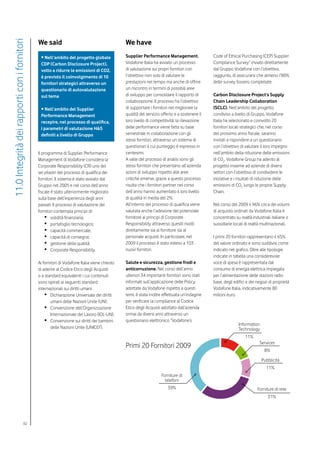 We said                                         We have
11.0 Integrità dei rapporti con i fornitori


                                               • Nell’ambito del progetto globale             Supplier Performance Management.                Code of Ethical Purchasing (CEP) Supplier
                                               CDP (Carbon Disclosure Project),               Vodafone Italia ha avviato un processo          Compliance Survey” inviato direttamente
                                               volto a ridurre le emissioni di CO2,           di valutazione sui propri fornitori con         dal Gruppo Vodafone con l’obiettivo,
                                               è previsto il coinvolgimento di 10             l’obiettivo non solo di valutare le             raggiunto, di assicurarsi che almeno l’80%
                                               fornitori strategici attraverso un             prestazioni nel tempo ma anche di offrire       delle survey fossero completate.
                                               questionario di autovalutazione                un riscontro in termini di possibili aree
                                               sul tema                                       di sviluppo per consolidare il rapporto di      Carbon Disclosure Project’s Supply
                                                                                              collaborazione. Il processo ha l’obiettivo      Chain Leadership Collaboration
                                               • Nell’ambito del Supplier                     di supportare i fornitori nel migliorare la     (SCLC). Nell’ambito del progetto,
                                               Performance Management                         qualità del servizio offerto e a sostenere il   condiviso a livello di Gruppo, Vodafone
                                               recepire, nel processo di qualifica,           loro livello di competitività; la rilevazione   Italia ha selezionato e coinvolto 20
                                               i parametri di valutazione H&S                 delle performance viene fatta su base           fornitori locali strategici che, nel corso
                                               definiti a livello di Gruppo                   semestrale in collaborazione con gli            del prossimo anno fiscale, saranno
                                                                                              stessi fornitori, attraverso un sistema di      invitati a rispondere a un questionario
                                                                                              questionari il cui punteggio è espresso in      con l’obiettivo di valutare il loro impegno
                                              Il programma di Supplier Performance            centesimi.                                      nell’ambito della riduzione delle emissioni
                                              Management di Vodafone considera la             A valle del processo di analisi sono gli        di CO2. Vodafone Group ha aderito al
                                              Corporate Responsibility (CR) uno dei           stessi fornitori che presentano all’azienda     progetto insieme ad aziende di diversi
                                              sei pilastri del processo di qualifica dei      azioni di sviluppo rispetto alle aree           settori con l’obiettivo di condividere le
                                              fornitori. Il sistema è stato avviato dal       critiche emerse, grazie a questo processo       iniziative e i risultati di riduzione delle
                                              Gruppo nel 2005 e nel corso dell’anno           risulta che i fornitori partner nel corso       emissioni di CO2 lungo le proprie Supply
                                              fiscale è stato ulteriormente migliorato        dell’anno hanno aumentato il loro livello       Chain.
                                              sulla base dell’esperienza degli anni           di qualità in media del 2%.
                                              passati. Il processo di valutazione dei         All’interno del processo di qualifica viene     Nel corso del 2009 il 96% circa dei volumi
                                              fornitori contempla principi di:                valutata anche l’adesione del potenziale        di acquisto ordinati da Vodafone Italia è
                                                   •	 solidità finanziaria;                   fornitore ai principi di Corporate              concentrato su realtà industriali italiane o
                                                   •	 portafoglio tecnologico;                Responsibility attraverso quesiti rivolti       sussidiarie locali di realtà multinazionali.
                                                   •	 capacità commerciale;                   direttamente sia al fornitore sia al
                                                   •	 capacità di consegna;                   personale acquisti. In particolare, nel         I primi 20 fornitori rappresentano il 65%
                                                   •	 gestione della qualità;                 2009 il processo è stato esteso a 103           del valore ordinato e sono suddivisi come
                                                   •	 Corporate Responsibility.               nuovi fornitori.                                indicato nel grafico. Oltre alle tipologie
                                                                                                                                              indicate in tabella una considerevole
                                              Ai fornitori di Vodafone Italia viene chiesto   Salute e sicurezza, gestione frodi e            voce di spesa è rappresentata dal
                                              di aderire al Codice Etico degli Acquisti       anticorruzione. Nel corso dell’anno             consumo di energia elettrica impiegata
                                              o a standard equivalenti i cui contenuti        ulteriori 34 importanti fornitori sono stati    per l’alimentazione delle stazioni radio
                                              sono ispirati ai seguenti standard              informati sull’applicazione delle Policy        base, degli edifici e dei negozi di proprietà
                                              internazionali sui diritti umani:               adottate da Vodafone rispetto a questi          Vodafone Italia, indicativamente 80
                                                  •	 Dichiarazione Universale dei diritti     temi, è stata inoltre effettuata un’indagine    milioni euro.
                                                     umani delle Nazioni Unite (UN);          per verificare la compliance al Codice
                                                  •	 Convenzione dell’Organizzazione          Etico degli Acquisti adottato dall’azienda
                                                     Internazionale del Lavoro (IOL-UN);      ormai da diversi anni attraverso un
                                                  •	 Convenzione sui diritti dei bambini      questionario elettronico “Vodafone’s
                                                                                                                                                            Information
                                                     delle Nazioni Unite (UNICEF).                                                                          Technology
                                                                                                                                                                11%
                                                                                                                                                                         Services
                                                                                              Primi 20 Fornitori 2009
                                                                                                                                                                            8%

                                                                                                                                                                          Pubblicità
                                                                                                                                                                             11%
                                                                                                                   Forniture di
                                                                                                                     telefoni
                                                                                                                       39%                                              Forniture di rete
                                                                                                                                                                              31%




                                    82
 