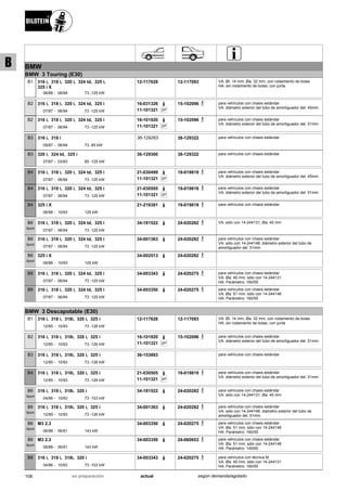BMW
BMW 3 Touring (E30)
06/88
316 i, 318 i, 320 i, 324 td, 325 i,
325 i X
06/94 73 -125 kW-
B1 12-117628 12-117093 VA: Øi: 14 mm; Øa: 32 mm; con rodamiento de bolas
HA: sin rodamiento de bolas; con junta
07/87
316 i, 318 i, 320 i, 324 td, 325 i
06/94 73 -125 kW-
B2 16-031326
SP11-101321
15-102096 para vehículos con chasis estándar
VA: diámetro exterior del tubo de amortiguador del. 45mm
07/87
316 i, 318 i, 320 i, 324 td, 325 i
06/94 73 -125 kW-
B2 16-101920
SP11-101321
15-102096 para vehículos con chasis estándar
VA: diámetro exterior del tubo de amortiguador del. 51mm
09/87
316 i, 318 i
06/94 73 -85 kW-
B3 36-129263 38-129322 para vehículos con chasis estándar
07/87
320 i, 324 td, 325 i
03/93 85 -125 kW-
B3 36-129300 38-129322 para vehículos con chasis estándar
07/87
316 i, 318 i, 320 i, 324 td, 325 i
06/94 73 -125 kW-
B4 21-030499
SP11-101321
19-019819 para vehículos con chasis estándar
VA: diámetro exterior del tubo de amortiguador del. 45mm
07/87
316 i, 318 i, 320 i, 324 td, 325 i
06/94 73 -125 kW-
B4 21-030505
SP11-101321
19-019819 para vehículos con chasis estándar
VA: diámetro exterior del tubo de amortiguador del. 51mm
06/88
325 i X
10/93 125 kW-
B4 21-216381 19-019819 para vehículos con chasis estándar
07/87
316 i, 318 i, 320 i, 324 td, 325 i
06/94 73 -125 kW-
B6
Sport
34-181522 24-020282 VA: sólo con 14-244131; Øa: 45 mm
07/87
316 i, 318 i, 320 i, 324 td, 325 i
06/94 73 -125 kW-
B6
Sport
34-001363 24-020282 para vehículos con chasis estándar
VA: sólo con 14-244148; diámetro exterior del tubo de
amortiguador del. 51mm
06/88
325 i X
10/93 125 kW-
B6
Sport
34-002513 24-020282
07/87
316 i, 318 i, 320 i, 324 td, 325 i
06/94 73 -125 kW-
B8 34-003343 24-020275 para vehículos con chasis estándar
VA: Øa: 45 mm; sólo con 14-244131
HA: Parámetro: 160/55
07/87
316 i, 318 i, 320 i, 324 td, 325 i
06/94 73 -125 kW-
B8 34-003350 24-020275 para vehículos con chasis estándar
VA: Øa: 51 mm; sólo con 14-244148
HA: Parámetro: 160/55
BMW 3 Descapotable (E30)
12/85
316 i, 318 i, 318i, 320 i, 325 i
10/93 73 -126 kW-
B1 12-117628 12-117093 VA: Øi: 14 mm; Øa: 32 mm; con rodamiento de bolas
HA: sin rodamiento de bolas; con junta
12/85
316 i, 318 i, 318i, 320 i, 325 i
10/93 73 -126 kW-
B2 16-101920
SP11-101321
15-102096 para vehículos con chasis estándar
VA: diámetro exterior del tubo de amortiguador del. 51mm
12/85
316 i, 318 i, 318i, 320 i, 325 i
10/93 73 -126 kW-
B3 36-153893 para vehículos con chasis estándar
12/85
316 i, 318 i, 318i, 320 i, 325 i
10/93 73 -126 kW-
B4 21-030505
SP11-101321
19-019819 para vehículos con chasis estándar
VA: diámetro exterior del tubo de amortiguador del. 51mm
04/86
316 i, 318 i, 318i, 320 i
10/93 73 -103 kW-
B6
Sport
34-181522 24-020282 para vehículos con chasis estándar
VA: sólo con 14-244131; Øa: 45 mm
12/85
316 i, 318 i, 318i, 320 i, 325 i
10/93 73 -126 kW-
B6
Sport
34-001363 24-020282 para vehículos con chasis estándar
VA: sólo con 14-244148; diámetro exterior del tubo de
amortiguador del. 51mm
06/88
M3 2.3
06/91 143 kW-
B6
Sport
34-003350 24-020275 para vehículos con chasis estándar
VA: Øa: 51 mm; sólo con 14-244148
HA: Parámetro: 160/55
06/88
M3 2.3
06/91 143 kW-
B6
Sport
34-003350 24-060653 para vehículos con chasis estándar
VA: Øa: 51 mm; sólo con 14-244148
HA: Parámetro: 140/60
04/86
316 i, 318 i, 318i, 320 i
10/93 73 -103 kW-
B8 34-003343 24-020275 para vehículos con técnica M
VA: Øa: 45 mm; sólo con 14-244131
HA: Parámetro: 160/55
108 actualen preparación según demanda/agotado
B
 