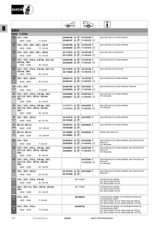 BMW
BMW 3 (E36)
09/90
316 i, 318 i
05/92 73 -83 kW-
B4 22-044150
22-044167
19-103150
SP11-181415
para vehículos con chasis estándar
06/92
316 i, 318 i, 320 i, 325 i, 325 td
02/98 73 -141 kW-
B4 22-044198
22-044204
19-103150
SP11-181415
para vehículos con chasis estándar
06/92
316 i, 318 i, 320 i, 325 i, 325 td
02/98 73 -141 kW-
B4 22-172518
22-172525
19-103150
SP11-181415
para vehículos con técnica M
05/93
316 i, 318 i, 318 is, 318 tds, 323 i 2.5,
325 tds, 328 i
02/98 66 -142 kW-
B4 22-044198
22-044204
19-103150
SP11-181415
para vehículos con chasis estándar
05/93
316 i, 318 i, 318 is, 318 tds, 323 i 2.5,
325 tds, 328 i
02/98 66 -142 kW-
B4 22-172518
22-172525
19-103150
SP11-181415
para vehículos con técnica M
09/90
320 i, 325 i, 325 td
05/92 85 -141 kW-
B4 22-044174
22-044181
19-103150
SP11-181415
para vehículos con chasis estándar
09/90
316 i, 318 i
05/92 73 -83 kW-
B6
Sport
22-003799
22-003805
24-015257
SP11-181415
para vehículos con chasis estándar; Bitubular
06/92
316 i, 318 i, 318 is, 318 tds, 320 i,
323 i 2.5, 325 i, 325 td, 325 tds,
328 i
02/98 66 -142 kW-
B6
Sport
35-044000
35-044017
24-027243
SP11-181415
para vehículos con chasis estándar
VA: Monotubo
06/92
316 i, 318 i, 318 is, 318 tds, 320 i,
323 i 2.5, 325 i, 325 td, 325 tds,
328 i
02/98 66 -142 kW-
B6
Sport
22-040077
22-040084
24-015257
SP11-181415
para vehículos con chasis estándar
VA: Bitubular
09/90
320 i, 325 i, 325 td
05/92 85 -141 kW-
B6
Sport
22-181619
22-181626
24-015257 para vehículos con chasis estándar
08/94
M3 3.0, M3 3.2
02/98 210 -236 kW-
B6
Sport
35-042372
35-042389
24-024532 para vehículos con chasis estándar
08/94
M3 3.0, M3 3.2
02/98 210 -236 kW-
B6
Sport
35-105855
35-105862
24-024532 Modelo país reducir en
09/90
316 i, 318 i
05/92 73 -83 kW-
B8 22-003812
22-003829
24-015264
SP11-181415
para vehículos con chasis estándar; para vehículos con
técnica M
VA: Monotubo
06/92
316 i, 318 i, 318 is, 318 tds, 320 i,
323 i 2.5, 325 i, 325 td, 325 tds,
328 i
02/98 66 -142 kW-
B8 35-044024
35-044031
24-027250
SP11-181415
para vehículos con chasis estándar; para vehículos con
técnica M
VA: Monotubo
06/92
316 i, 318 i, 318 is, 318 tds, 320 i,
323 i 2.5, 325 i, 325 td, 325 tds,
328 i
02/98 66 -142 kW-
B8 24-015264
SP11-181415
para vehículos con chasis estándar; para vehículos con
técnica M
VA: Bitubular
09/90
320 i, 325 i, 325 td
05/92 85 -141 kW-
B8 22-181633
22-181640
24-015264 para vehículos con chasis estándar; para vehículos con
técnica M
06/92
316 i, 318 i, 318 is, 318 tds
02/98 66 -103 kW-
B10 46-113047 Condiciones ver peritaje
VA: Altura chasis: 60 mm
HA: Altura chasis: 40 mm
06/92
320 i, 323 i 2.5, 325 i, 325 td, 325 tds,
328 i
02/98 85 -142 kW-
B10 46-113054 Condiciones ver peritaje
VA: Altura chasis: 60 mm
HA: Altura chasis: 40 mm
09/90
316 i, 318 i
05/92 73 -83 kW-
B12
PK
46-180933 Condiciones ver peritaje; con Certificado General de
Funcionamiento (ABE)
VA: Altura chasis: 30 mm; hasta carga eje: 830 kg
HA: Altura chasis: 30 mm; hasta carga eje: 1070 kg
06/92
316 i, 318 i, 318 is
02/98 73 -103 kW-
B12
PK
46-000736 Condiciones ver peritaje; con Certificado General de
Funcionamiento (ABE)
VA: Altura chasis: 30 mm; hasta carga eje: 830 kg
HA: Altura chasis: 30 mm; hasta carga eje: 1070 kg
110 actualen preparación según demanda/agotado
B
 
