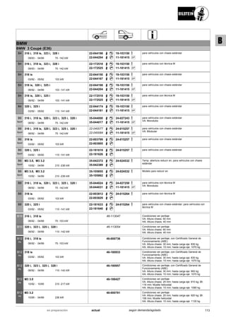 BMW
BMW 3 Coupé (E36)
09/93
316 i, 318 is, 323 i, 328 i
04/99 75 -142 kW-
B4 22-044198
22-044204
19-103150
SP11-181415
para vehículos con chasis estándar
09/93
316 i, 318 is, 323 i, 328 i
04/99 75 -142 kW-
B4 22-172518
22-172525
19-103150
SP11-181415
para vehículos con técnica M
03/92
318 is
05/92 103 kW-
B4 22-044150
22-044167
19-103150
SP11-181415
para vehículos con chasis estándar
06/92
318 is, 320 i, 325 i
04/99 103 -141 kW-
B4 22-044198
22-044204
19-103150
SP11-181415
para vehículos con chasis estándar
06/92
318 is, 320 i, 325 i
04/99 103 -141 kW-
B4 22-172518
22-172525
19-103150
SP11-181415
para vehículos con técnica M
03/92
320 i, 325 i
05/92 110 -141 kW-
B4 22-044174
22-044181
19-103150
SP11-181415
para vehículos con chasis estándar
06/92
316 i, 318 is, 320 i, 323 i, 325 i, 328 i
04/99 75 -142 kW-
B6
Sport
35-044000
35-044017
24-027243
SP11-181415
para vehículos con chasis estándar
VA: Monotubo
06/92
316 i, 318 is, 320 i, 323 i, 325 i, 328 i
04/99 75 -142 kW-
B6
Sport
22-040077
22-040084
24-015257
SP11-181415
para vehículos con chasis estándar
VA: Bitubular
03/92
318 is
05/92 103 kW-
B6
Sport
22-003799
22-003805
24-015257 para vehículos con chasis estándar
03/92
320 i, 325 i
05/92 110 -141 kW-
B6
Sport
22-181619
22-181626
24-015257 para vehículos con chasis estándar
10/92
M3 3.0, M3 3.2
04/99 210 -236 kW-
B6
Sport
35-042372
35-042389
24-024532 Temp. abertura reducir en; para vehículos con chasis
estándar
10/92
M3 3.0, M3 3.2
04/99 210 -236 kW-
B6
Sport
35-105855
35-105862
24-024532 Modelo país reducir en
06/92
316 i, 318 is, 320 i, 323 i, 325 i, 328 i
04/99 75 -142 kW-
B8 35-044024
35-044031
24-027250
SP11-181415
para vehículos con técnica M
VA: Monotubo
03/92
318 is
05/92 103 kW-
B8 22-003812
22-003829
24-015264 para vehículos con técnica M
03/92
320 i, 325 i
05/92 110 -141 kW-
B8 22-181633
22-181640
24-015264 para vehículos con chasis estándar; para vehículos con
técnica M
06/92
316 i, 318 is
04/99 75 -103 kW-
B10 46-113047 Condiciones ver peritaje
VA: Altura chasis: 60 mm
HA: Altura chasis: 40 mm
06/92
320 i, 323 i, 325 i, 328 i
04/99 110 -142 kW-
B10 46-113054 Condiciones ver peritaje
VA: Altura chasis: 60 mm
HA: Altura chasis: 40 mm
06/92
316 i, 318 is
04/99 75 -103 kW-
B12
PK
46-000736 Condiciones ver peritaje; con Certificado General de
Funcionamiento (ABE)
VA: Altura chasis: 30 mm; hasta carga eje: 830 kg
HA: Altura chasis: 15 mm; hasta carga eje: 1070 kg
03/92
318 is
05/92 103 kW-
B12
PK
46-180933 Condiciones ver peritaje; con Certificado General de
Funcionamiento (ABE)
VA: Altura chasis: 30 mm; hasta carga eje: 830 kg
HA: Altura chasis: 15 mm; hasta carga eje: 1070 kg
06/92
320 i, 323 i, 325 i, 328 i
04/99 110 -142 kW-
B12
PK
46-180957 Condiciones ver peritaje; con Certificado General de
Funcionamiento (ABE)
VA: Altura chasis: 30 mm; hasta carga eje: 900 kg
HA: Altura chasis: 15 mm; hasta carga eje: 1070 kg
10/92
M3 3.0
10/95 210 -217 kW-
B12
PK
46-188427 Condiciones ver peritaje
VA: Altura chasis: 25 mm; hasta carga eje: 910 kg; Øi:
116 mm; Muelle helicoidal
HA: Altura chasis: 15 mm; hasta carga eje: 1090 kg
10/95
M3 3.2
04/99 236 kW-
B12
PK
46-000781 Condiciones ver peritaje
VA: Altura chasis: 25 mm; hasta carga eje: 920 kg; Øi:
106 mm; Muelle helicoidal
HA: Altura chasis: 15 mm; hasta carga eje: 1130 kg
113actualen preparación según demanda/agotado
B
 