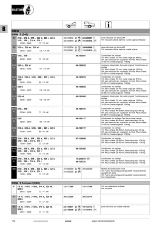 BMW
BMW 3 (E46)
10/99
316 i, 318 d, 318 i, 320 d, 320 i, 323 i,
325 i, 328 i, 330 d, 330 i
04/05 77 -170 kW-
B8 22-043832
22-043849
24-026987
SP11-181415
para vehículos con técnica M
VA: necesario utilizar plato de muelle original; Bitubular
06/00
325 xi, 330 xd, 330 xi
02/05 135 -170 kW-
B8 22-052834
22-052841
24-068666
SP11-181415
para vehículos con técnica M
VA: necesario utilizar plato de muelle original
02/98
316 i, 318 i
02/05 77 -105 kW-
B12
PK
46-180001 Condiciones ver peritaje
VA: Altura chasis: 30 mm; hasta carga eje: 895 kg
HA: para vehículos sin regulación de nivel; Altura chasis:
20-25 mm; hasta carga eje: 1190 kg
06/00
325 xi, 330 xi
02/05 141 -170 kW-
B12
PK
46-180032 necesario utilizar plato de muelle original; Condiciones ver
peritaje
VA: Altura chasis: 30 mm; hasta carga eje: 1010 kg
HA: para vehículos sin regulación de nivel; Altura chasis:
20-25 mm; hasta carga eje: 1250 kg
06/00
318 d, 320 d, 320 i, 323 i, 325 i, 328 i,
330 i
02/05 85 -170 kW-
B12
PK
46-180018 Condiciones ver peritaje
VA: Altura chasis: 30 mm; hasta carga eje: 970 kg
HA: para vehículos sin regulación de nivel; Altura chasis:
20-25 mm; hasta carga eje: 1190 kg
10/99
330 d
02/05 135 -150 kW-
B12
PK
46-180025 Condiciones ver peritaje
VA: Altura chasis: 30 mm; hasta carga eje: 1030 kg
HA: para vehículos sin regulación de nivel; Altura chasis:
20-25 mm; hasta carga eje: 1190 kg
06/00
330 xd
02/05 135 -150 kW-
B12
PK
46-180049 necesario utilizar plato de muelle original; Condiciones ver
peritaje
VA: Altura chasis: 30 mm; hasta carga eje: 1065 kg
HA: para vehículos sin regulación de nivel; Altura chasis:
20-25 mm; hasta carga eje: 1250 kg
02/98
316 i, 318 i
02/05 77 -105 kW-
B12
SL
46-180131 Condiciones ver peritaje
VA: Altura chasis: 45-50 mm; hasta carga eje: 895 kg
HA: para vehículos sin regulación de nivel; Altura chasis:
20-25 mm; hasta carga eje: 1045 kg
06/00
330 i
04/05 168 -170 kW-
B12
SL
46-180117 Condiciones ver peritaje; Caja de cambios manual
VA: Altura chasis: 45-50 mm; hasta carga eje: 935 kg
HA: para vehículos sin regulación de nivel; Altura chasis:
20-25 mm; hasta carga eje: 1190 kg
02/98
318 d, 320 d, 320 i, 323 i, 325 i, 328 i
02/05 85 -142 kW-
B12
SL
46-180117 Condiciones ver peritaje
VA: Altura chasis: 45-50 mm; hasta carga eje: 935 kg
HA: para vehículos sin regulación de nivel; Altura chasis:
20-25 mm; hasta carga eje: 1190 kg
10/99
316 i, 318 d, 318 i, 320 d, 320 i, 323 i,
325 i, 328 i, 330 d, 330 i
04/05 77 -170 kW-
B14 47-126848 Condiciones ver peritaje
VA: Altura chasis: 35-50 mm; hasta carga eje: 1030 kg
HA: Altura chasis: 25-40 mm; hasta carga eje: 1190 kg
10/99
316 i, 318 d, 318 i, 320 d, 320 i, 323 i,
325 i, 328 i, 330 d, 330 i
04/05 77 -170 kW-
B16
PSS10
48-126380 Condiciones ver peritaje
VA: Altura chasis: 35-50 mm; hasta carga eje: 1030 kg
HA: Altura chasis: 25-40 mm; hasta carga eje: 1190 kg
10/99
316 i, 318 d, 318 i, 320 d, 320 i, 323 i,
325 i, 328 i, 330 d, 330 i
04/05 77 -170 kW-
B16
RC
Ri C14-230615
49-135121
Condiciones ver peritaje
VA: Altura chasis: 35-50 mm; hasta carga eje: 1030 kg
HA: Altura chasis: 25-40 mm; hasta carga eje: 1190 kg
10/99
316 i, 318 d, 318 i, 320 d, 320 i, 323 i,
325 i, 328 i, 330 d, 330 i
04/05 77 -170 kW-
MS 31-633499
31-633505
26-602059 Modelo de construcción: VLN
VA: Fuerza de amortiguación ajustable mecánicamente;
ajustable en altura
HA: Fuerza de amortiguación ajustable mecánicamente;
Con rótula Unibal
BMW 3 Compact (E46)
06/01
1.6 Ti, 316 ti, 318 td, 318 ti, 320 td,
325 ti
02/05 77 -141 kW-
B1 12-117260 12-117109 VA: con rodamiento de bolas
HA: con junta
06/01
1.6 Ti, 316 ti, 318 td, 318 ti, 320 td,
325 ti
02/05 77 -141 kW-
B3 36-233250 38-233715
06/01
1.6 Ti, 316 ti, 318 td, 318 ti, 320 td,
325 ti
02/05 77 -141 kW-
B4 22-139931
22-139948
19-103112
SP11-181415
para vehículos con chasis estándar
118 actualen preparación según demanda/agotado
B
 