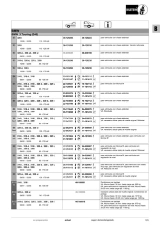 BMW
BMW 3 Touring (E46)
10/99
320 i
02/05 110 -125 kW-
B3 36-129256 38-129223 para vehículos con chasis estándar
10/99
320 i
02/05 110 -125 kW-
B3 36-133208 38-129230 para vehículos con chasis estándar; Versión reforzada .
06/00
325 xi, 330 xd, 330 xi
02/05 135 -170 kW-
B3 36-239849 38-236198 para vehículos con chasis estándar
10/99
318 d, 320 d, 325 i, 328 i
02/05 85 -142 kW-
B3 36-129256 38-129230 para vehículos con chasis estándar
10/99
330 d, 330 i
02/05 135 -170 kW-
B3 36-133208 38-129230 para vehículos con chasis estándar
09/01
316 i, 318 d, 318 i
02/05 85 -105 kW-
B4 22-103130
22-103147
19-103112
SP11-181415
para vehículos con chasis estándar
06/00
316 i, 318 d, 318 i, 320 d, 320 i, 325 i,
328 i, 330 d, 330 i
02/05 85 -170 kW-
B4 22-139931
22-139948
19-103112
SP11-181415
para vehículos con técnica M
06/00
325 xi, 330 xd, 330 xi
02/05 135 -170 kW-
B4 22-220578
22-220585
19-220598
SP11-181415
para vehículos con chasis estándar
10/99
320 d, 320 i, 325 i, 328 i, 330 d, 330 i
02/05 100 -170 kW-
B4 22-103093
22-103109
19-103112
SP11-181415
para vehículos con chasis estándar
06/00
316 i, 318 d, 318 i, 320 d, 320 i, 325 i,
328 i, 330 d, 330 i
02/05 85 -170 kW-
B6
Sport
35-115045
35-115052
24-026970
SP11-181415
para vehículos con chasis estándar
VA: Monotubo
06/00
316 i, 318 d, 318 i, 320 d, 320 i, 325 i,
328 i, 330 d, 330 i
02/05 85 -170 kW-
B6
Sport
22-043344
22-043351
24-026970
SP11-181415
para vehículos con chasis estándar
VA: necesario utilizar plato de muelle original; Bitubular
06/00
325 xi, 330 xd, 330 xi
02/05 135 -170 kW-
B6
Sport
22-052810
22-052827
24-068659
SP11-181415
para vehículos con chasis estándar
VA: necesario utilizar plato de muelle original
06/00
316 i, 318 d, 318 i, 320 d, 320 i, 325 i,
328 i, 330 d, 330 i
02/05 85 -170 kW-
B6
a10
31-181884
31-181891
26-181905 para vehículos con chasis estándar; para vehículos con
técnica M
06/00
316 i, 318 d, 318 i, 320 d, 320 i, 325 i,
328 i, 330 d, 330 i
02/05 85 -170 kW-
B8 22-053039
22-053046
24-026987
SP11-181415
para vehículos con técnica M; para vehículos sin
regulación de nivel
VA: necesario utilizar plato de muelle original; Bitubular
06/00
316 i, 318 d, 318 i, 320 d, 320 i, 325 i,
328 i, 330 d, 330 i
02/05 85 -170 kW-
B8 35-115069
35-115076
24-026987
SP11-181415
para vehículos con técnica M; para vehículos sin
regulación de nivel
06/00
316 i, 318 d, 318 i, 320 d, 320 i, 325 i,
328 i, 330 d, 330 i
02/05 85 -170 kW-
B8 35-115106
35-115113
24-026987
SP11-181415
para vehículos con técnica M; para vehículos con chasis
muy bajo; para vehículos sin regulación de nivel
VA: Rebound: 45 mm
06/00
325 xi, 330 xd, 330 xi
02/05 135 -170 kW-
B8 22-052834
22-052841
24-068666
SP11-181415
para vehículos con técnica M
VA: necesario utilizar plato de muelle original
09/01
316 i, 318 i
02/05 85 -105 kW-
B12
PK
46-180001 Condiciones ver peritaje
VA: Altura chasis: 30 mm; hasta carga eje: 895 kg
HA: para vehículos sin regulación de nivel; Altura chasis:
20-25 mm; hasta carga eje: 1190 kg
06/00
325 xi, 330 xi
02/05 141 -170 kW-
B12
PK
46-180056 necesario utilizar plato de muelle original; Condiciones ver
peritaje
VA: Altura chasis: 30 mm; hasta carga eje: 1010 kg
HA: Altura chasis: 20-25 mm; hasta carga eje: 1250 kg
06/00
318 d, 320 d, 320 i, 325 i, 328 i, 330 i
02/05 85 -170 kW-
B12
PK
46-180018 Condiciones ver peritaje
VA: Altura chasis: 30 mm; hasta carga eje: 970 kg
HA: para vehículos sin regulación de nivel; Altura chasis:
20-25 mm; hasta carga eje: 1190 kg
123actualen preparación según demanda/agotado
B
 