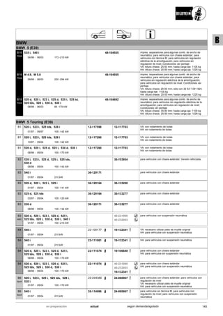 BMW
BMW 5 (E39)
04/96
535 i, 540 i
06/03 173 -210 kW-
B16
PSS9
48-104555 impres. separadores para algunas comb. de ancho de
neumático; para vehículos con chasis estándar; para
vehículos con técnica M; para vehículos sin regulación
eléctrica de la amortiguación; para vehículos sin
regulación de nivel; Condiciones ver peritaje
VA: Altura chasis: 25-50 mm; hasta carga eje: 1105 kg
HA: Altura chasis: 20-50 mm; hasta carga eje: 1225 kg
09/98
M 4.9, M 5.0
06/03 230 -294 kW-
B16
PSS9
48-104555 impres. separadores para algunas comb. de ancho de
neumático; para vehículos con chasis estándar; para
vehículos sin regulación eléctrica de la amortiguación;
para vehículos sin regulación de nivel; Condiciones ver
peritaje
VA: Altura chasis: 25-50 mm; sólo con 33 53 1 091 924;
hasta carga eje: 1105 kg
HA: Altura chasis: 20-50 mm; hasta carga eje: 1225 kg
08/98
520 d, 520 i, 523 i, 525 d, 525 i, 525 td,
525 tds, 528 i, 530 d, 530 i
06/03 85 -170 kW-
B16
PSS9
48-104692 impres. separadores para algunas comb. de ancho de
neumático; para vehículos sin regulación eléctrica de la
amortiguación; para vehículos sin regulación de nivel;
Condiciones ver peritaje
VA: Altura chasis: 35-50 mm; hasta carga eje: 1105 kg
HA: Altura chasis: 20-50 mm; hasta carga eje: 1225 kg
BMW 5 Touring (E39)
01/97
520 i, 523 i, 525 tds, 528 i
09/97 105 -142 kW-
B1 12-117598 12-117703 VA: con rodamiento de bolas
HA: sin rodamiento de bolas
10/97
520 i, 523 i, 525 tds, 528 i
05/04 105 -142 kW-
B1 12-117260 12-117703 VA: con rodamiento de bolas
HA: sin rodamiento de bolas
08/98
520 d, 520 i, 525 d, 525 i, 530 d, 530 i
05/04 100 -170 kW-
B1 12-117260 12-117703 VA: con rodamiento de bolas
HA: sin rodamiento de bolas
08/98
520 i, 523 i, 525 d, 525 i, 525 tds,
530 d
05/04 100 -142 kW-
B3 36-153954 para vehículos con chasis estándar; Versión reforzada .
01/97
540 i
05/04 210 kW-
B3 36-129171 para vehículos con chasis estándar
01/97
520 d, 520 i, 523 i, 525 i
05/04 100 -141 kW-
B3 36-129164 36-133260 para vehículos con chasis estándar
03/97
525 d, 525 tds
05/04 105 -120 kW-
B3 36-129164 36-133277 para vehículos con chasis estándar
08/98
530 d
05/04 135 -142 kW-
B3 36-129171 36-133277 para vehículos con chasis estándar
01/97
520 d, 520 i, 523 i, 525 d, 525 i,
525 tds, 528 i, 530 d, 530 i, 540 i
05/04 100 -210 kW-
B3
AMC
40-231990
40-232003
para vehículos con suspensión neumática
01/97
540 i
05/04 210 kW-
B4 22-100177 19-132341 VA: necesario utilizar plato de muelle original
HA: para vehículos con suspensión neumática
01/97
540 i
05/04 210 kW-
B4 22-111081 19-132341 HA: para vehículos con suspensión neumática
08/98
520 d, 520 i, 523 i, 525 d, 525 i,
525 tds, 528 i, 530 d, 530 i
05/04 100 -170 kW-
B4 22-111074 19-106649 para vehículos con chasis estándar
HA: para vehículos sin suspensión neumática
08/98
520 d, 520 i, 523 i, 525 d, 525 i,
525 tds, 528 i, 530 d, 530 i
05/04 100 -170 kW-
B4 22-111074 40-231990
40-232003
19-132341
para vehículos con chasis estándar
HA: para vehículos con suspensión neumática
01/97
520 i, 523 i, 525 i, 525 tds, 528 i,
530 i
05/04 100 -170 kW-
B6
Sport
22-044389 24-060967 para vehículos con chasis estándar; para vehículos con
regulación de nivel
VA: necesario utilizar plato de muelle original
HA: para vehículos con suspensión neumática
01/97
540 i
05/04 210 kW-
B6
Sport
35-114086 24-060967 para vehículos sin técnica M; para vehículos con
regulación de nivel; para vehículos con suspensión
neumática
145actualen preparación según demanda/agotado
B
 