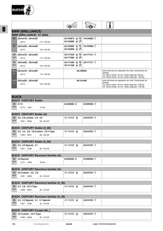 BMW (BRILLIANCE)
BMW (BRILLIANCE) X1 (E84)
03/12
sDrive18i, sDrive20i
110 -135 kW-
B4 22-183873
22-183880
19-183862
03/12
xDrive20i, xDrive28i
135 -180 kW-
B4 22-183842
22-183859
19-183862
03/12
sDrive18i, sDrive20i
110 -135 kW-
B6
Sport
35-171553
35-171560
24-171311
03/12
xDrive20i, xDrive28i
135 -180 kW-
B6
Sport
35-171294
35-171300
24-171311
03/12
sDrive18i, sDrive20i
110 -135 kW-
B12
PK
46-189554 para vehículos sin regulación de nivel; Condiciones ver
peritaje
VA: Altura chasis: 30 mm; hasta carga eje: 940 kg
HA: Altura chasis: 30 mm; hasta carga eje: 1180 kg
03/12
xDrive20i, xDrive28i
135 -180 kW-
B12
PK
46-191465 para vehículos sin regulación de nivel; Condiciones ver
peritaje
VA: Altura chasis: 30 mm; hasta carga eje: 1030 kg
HA: Altura chasis: 30 mm; hasta carga eje: 1180 kg
BUICK
BUICK CENTURY Sedán
01/73
5.7 D
12/81 77 kW-
B6
Sport
24-009492 24-009294
BUICK CENTURY Sedán (A)
10/81
2.5, 2.8 Limited, 3.0, 3.8
09/86 66 -103 kW-
B6
Sport
35-132462 24-010191
BUICK CENTURY Sedán (4_69)
10/86
2.5, 3.3, 3.8, 3.8 Custom, 3.8 T-Type
09/91 66 -125 kW-
B6
Sport
35-132462 24-010191
BUICK CENTURY Sedán (4_69)
10/91
2.2, 2.2 Special, 3.1
12/96 82 -130 kW-
B6
Sport
35-132462 24-010191
BUICK CENTURY Ranchera familiar (A)
10/77
3.8 Special
12/80 78 kW-
B6
Sport
24-009492 24-009294
BUICK CENTURY Ranchera familiar (A)
10/81
2.8 Custom, 3.0, 3.8
09/86 82 -103 kW-
B6
Sport
35-132462 24-010191
BUICK CENTURY Ranchera familiar (4_35)
10/86
3.3, 3.8, 3.8 T-Type
09/91 94 -119 kW-
B6
Sport
35-132462 24-010191
BUICK CENTURY Ranchera familiar (4_35)
10/91
2.2, 2.2 Special, 3.1, 3.1 Special
12/96 82 -130 kW-
B6
Sport
35-132462 24-010191
BUICK CENTURY Coupé (4A_)
10/86
3.8 Custom, 3.8 T-Type
09/89 94 -112 kW-
B6
Sport
35-132462 24-010191
166 actualen preparación según demanda/agotado
B
 