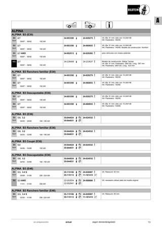 ALPINA
ALPINA B3 (E30)
09/87
2.7
06/92 150 kW-
B6
Sport
34-003350 24-020275 VA: Øa: 51 mm; sólo con 14-244148
HA: Parámetro: 160/55
09/87
2.7
06/92 150 kW-
B6
Sport
34-003350 24-060653 VA: Øa: 51 mm; sólo con 14-244148
HA: Parámetro: 140/60; Modelo de construcción: Komfort
09/87
2.7 AWD
06/92 150 kW-
B6
Sport
34-002513 24-020282 para vehículos con chasis estándar
09/87
2.7
06/92 150 kW-
MS 34-236406 24-233637 Modelo de construcción: Rallye Tarmac
VA: Øa: 51 mm; Parámetro: 280/150; Long.: 597 mm
HA: Parámetro: 260/120; Long.: 533 mm
ALPINA B3 Ranchera familiar (E30)
09/87
2.7
06/92 150 kW-
B6
Sport
34-003350 24-020275 VA: Øa: 51 mm; sólo con 14-244148
HA: Parámetro: 160/55
09/87
2.7
06/92 150 kW-
B6
Sport
34-003350 24-060653 VA: Øa: 51 mm; sólo con 14-244148
HA: Parámetro: 140/60
ALPINA B3 Descapotable (E30)
09/87
2.7
06/92 150 kW-
B6
Sport
34-003350 24-020275 VA: Øa: 51 mm; sólo con 14-244148
HA: Parámetro: 160/55
09/87
2.7
06/92 150 kW-
B6
Sport
34-003350 24-060653 VA: Øa: 51 mm; sólo con 14-244148
HA: Parámetro: 140/60
ALPINA B3 (E36)
04/93
3.0, 3.2
04/99 184 -195 kW-
B6
Sport
35-044024
35-044031
24-024532
ALPINA B3 Ranchera familiar (E36)
04/93
3.0, 3.2
03/99 184 -195 kW-
B6
Sport
35-044024
35-044031
24-024532
ALPINA B3 Coupé (E36)
04/96
3.2
03/99 195 kW-
B6
Sport
35-044024
35-044031
24-024532
ALPINA B3 Descapotable (E36)
04/93
3.0, 3.2
03/99 184 -195 kW-
B6
Sport
35-044024
35-044031
24-024532
ALPINA B3 (E46)
05/99
3.3, 3.4 S
01/06 206 -224 kW-
B6
Sport
35-115106
35-115113
24-026987
SP11-181415
VA: Rebound: 45 mm
11/01
3.3 AWD
01/05 206 kW-
B8 22-052834
22-052841
24-068666 VA: necesario utilizar plato de muelle original
ALPINA B3 Ranchera familiar (E46)
02/00
3.3, 3.4 S
01/06 206 -224 kW-
B6
Sport
35-115106
35-115113
24-026987
SP11-181415
VA: Rebound: 45 mm
13actualen preparación según demanda/agotado
A
 