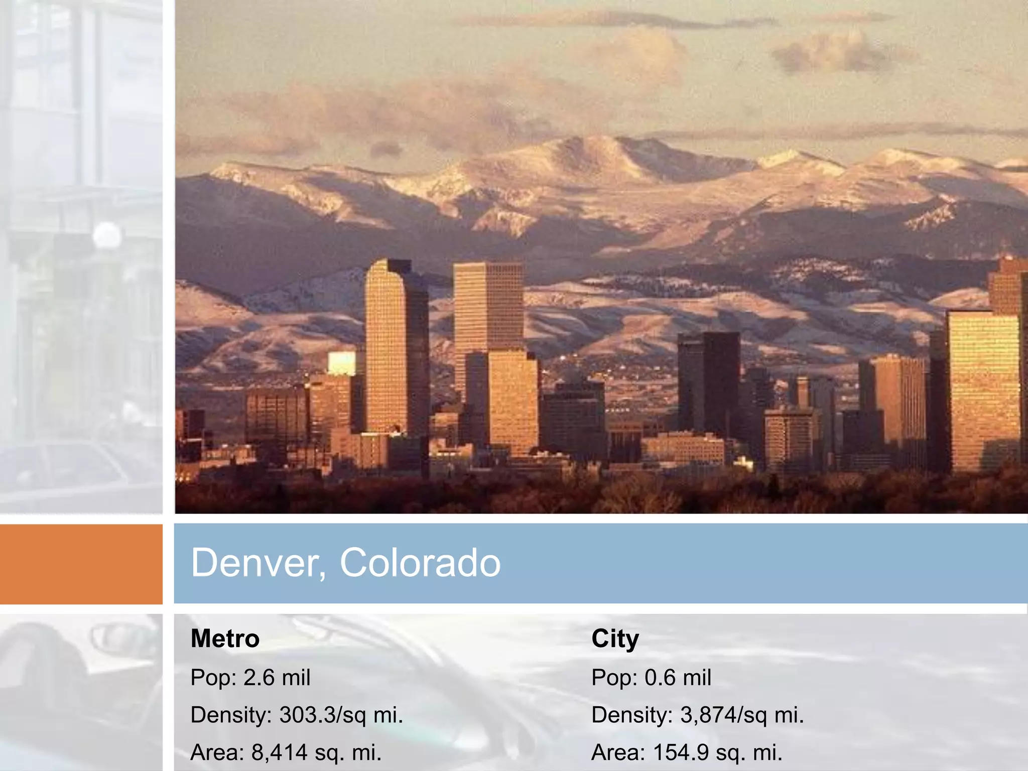 Denver, Colorado
Metro                   City
Pop: 2.6 mil            Pop: 0.6 mil
Density: 303.3/sq mi.   Density: 3,874/sq mi.
Area: 8,414 sq. mi.     Area: 154.9 sq. mi.
 