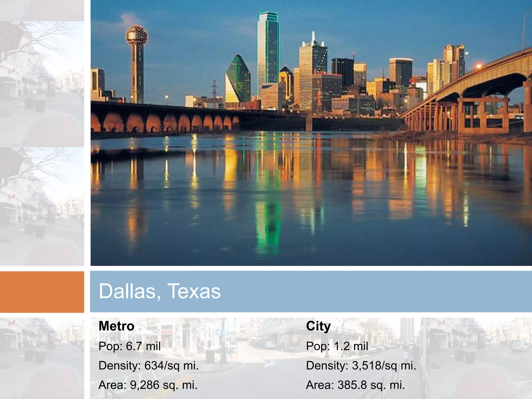 Dallas, Texas
Metro                 City
Pop: 6.7 mil          Pop: 1.2 mil
Density: 634/sq mi.   Density: 3,518/sq mi.
Area: 9,286 sq. mi.   Area: 385.8 sq. mi.
 