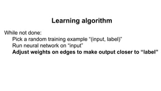 Learning algorithm
While not done:
Pick a random training example “(input, label)”
Run neural network on “input”
Adjust weights on edges to make output closer to “label”
 