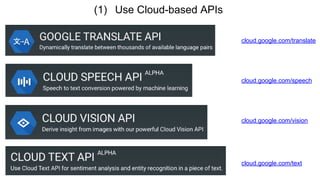(1) Use Cloud-based APIs
cloud.google.com/translate
cloud.google.com/speech
cloud.google.com/vision
cloud.google.com/text
 