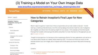 (3) Training a Model on Your Own Image Data
www.tensorflow.org/versions/master/how_tos/image_retraining/index.html
 