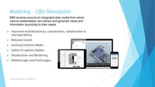 Modeling - (3D) Simulation
m.banna@outlook.com +974 5508 7979
 Improved multidisciplinary, coordination, collaboration &
interoperability.
 Reduced rework
 Existing Condition Model.
 Safety & Logistics Models.
 Visualization and Rendering.
 Walkthroughs and Flythroughs.
BIM revolves around an integrated data model from which
various stakeholders can extract and generate views and
information according to their needs
 