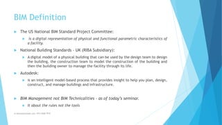 BIM Definition
 The US National BIM Standard Project Committee:
 is a digital representation of physical and functional parametric characteristics of
a facility.
 National Building Standards - UK (RIBA Subsidiary):
 A digital model of a physical building that can be used by the design team to design
the building, the construction team to model the construction of the building and
then the building owner to manage the facility through its life.
 Autodesk:
 is an intelligent model-based process that provides insight to help you plan, design,
construct, and manage buildings and infrastructure.
 BIM Management not BIM Technicalities – as of today’s seminar.
 It about the rules not the tools
m.banna@outlook.com +974 5508 7979
 