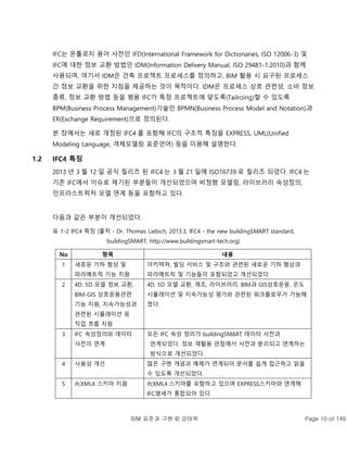 BIM 표준과 구현 © 강태욱 Page 10 of 149
IFC는 온톨로지 용어 사전인 IFD(International Framework for Dictionaries, ISO 12006-3) 및
IFC에 대한 정보 교환 방법인 IDM(Information Delivery Manual, ISO 29481-1:2010)과 함께
사용되며, 여기서 IDM은 건축 프로젝트 프로세스를 정의하고, BIM 활용 시 요구된 프로세스
간 정보 교환을 위한 지침을 제공하는 것이 목적이다. IDM은 프로세스 상호 관련성, 소비 정보
종류, 정보 교환 방법 등을 범용 IFC가 특정 프로젝트에 맞도록(Tailroing)할 수 있도록
BPM(Business Process Management)기술인 BPMN(Business Process Model and Notation)과
ER(Exchange Requirement)으로 정의된다.
본 장에서는 새로 개정된 IFC4 를 포함해 IFC의 구조적 특징을 EXPRESS, UML(Unified
Modeling Language, 객체모델링 표준언어) 등을 이용해 설명한다.
1.2 IFC4 특징
2013 년 3 월 12 일 공식 릴리즈 된 IFC4 는 3 월 21 일에 ISO16739 로 릴리즈 되었다. IFC4 는
기존 IFC에서 이슈로 제기된 부분들이 개선되었으며 비정형 모델링, 라이브러리 속성정의,
인프라스트럭처 모델 연계 등을 포함하고 있다.
다음과 같은 부분이 개선되었다.
표 1-2 IFC4 특징 (출처 - Dr. Thomas Liebich, 2013.3, IFC4 - the new buildingSMART standard,
buildingSMART, http://www.buildingsmart-tech.org)
No 항목 내용
1 새로운 기하 형상 및
파라메트릭 기능 지원
아키텍쳐, 빌딩 서비스 및 구조와 관련된 새로운 기하 형상과
파라메트릭 및 기능들이 포함되었고 개선되었다
2 4D, 5D 모델 정보 교환,
BIM-GIS 상호운용관련
기능 지원, 지속가능성과
관련된 시뮬레이션 등
작업 흐름 지원
4D, 5D 모델 교환, 제조, 라이브러리, BIM과 GIS상호운용, 온도
시뮬레이션 및 지속가능성 평가와 관련된 워크플로우가 가능해
졌다.
3 IFC 속성정의와 데이터
사전의 연계
모든 IFC 속성 정의가 buildingSMART 데이터 사전과
연계되었다. 정보 재활용 관점에서 사전과 분리되고 연계하는
방식으로 개선되었다.
4 사용성 개선 많은 구현 개념과 예제가 연계되어 문서를 쉽게 접근하고 읽을
수 있도록 개선되었다.
5 ifcXML4 스키마 지원 ifcXML4 스키마를 포함하고 있으며 EXPRESS스키마와 연계해
IFC명세가 통합되어 있다.
 