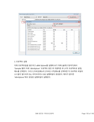 BIM 표준과 구현 © 강태욱 Page 100 of 149
3. 프로젝트 실행
이제 프로젝트들을 빌드하고 xBIM Xplorer를 실행해 보기 위해 [솔류션 탐색기]에서
“Samples”폴더 아래 “xBimXplorer” 프로젝트 찾은 후 우클릭한 후 [시작 프로젝트로 설정]
메뉴를 선택한다. 그리고 [디버깅]메뉴의 [디버깅 시작]메뉴를 선택하면 각 프로젝트 파일의
소스들이 빌드되어 DLL 라이브러리나 EXE 실행파일이 생성된다. 에러가 없다면
“xBimXplorer”에서 생성된 실행파일이 실행된다.
 