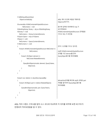 BIM 표준과 구현 © 강태욱 Page 115 of 149
if (sBQLEqualQueryValue)
ObjectList.Add(obj);
IEnumerable<IfcRelContainedInSpatialStructure>
RelContains = null;
IfcBuildingStorey Storey = obj as IfcBuildingStorey;
if(Storey != null)
RelContains = Storey.ContainsElements;
IfcSpace Space = obj as IfcSpace;
if(Space != null)
RelContains = Space.ContainsElements;
if (RelContains != null)
{
foreach (IfcRelContainedInSpatialStructure RelContain in
RelContains)
{
foreach (IfcObject element in
RelContain.RelatedElements)
{
QueryBimObjects(model, element, QueryTokens,
ObjectList);
}
}
}
foreach (var relation in obj.IsDecomposedBy)
{
foreach (IfcObject part in relation.RelatedObjects)
{
QueryBimObjects(model, part, QueryTokens,
ObjectList);
}
}
}
sBQL 쿼리 조건에 부합된 객체이면
ObjectList에 추가.
함수에 입력된 파라메터인 obj 가
공간객체로써
IfcRelContainedInSpatialStructure 관계들을
가지고 있는 지 판단함.
만약 그 관계를 가지고 있다면.
obj와 IfcRelContainedInSpatialStructure
관계를 가진 element를 얻어
QueryObject함수를 재귀호출함.
Whole/Part관계를 확인해 obj와 관계된 part
객체를 열거하여 QueryObject함수를
재귀호출함.
sBQL 처리 시퀀스 구조도를 앞의 소스 코드와 비교하여 각 의미를 파악해 보면 IFC구조가
반영되어 처리되었음을 알 수 있다.
 