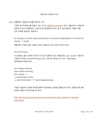 BIM 표준과 구현 © 강태욱 Page 120 of 149
데이터와 시멘틱의 차이
2.3.5 온톨로지 개념과 트리플 데이터 구조
시멘틱 데이터베이스를 만들수 있는 도구는 온톨로지(ontology)가 있다. 온톨로지는 도메인에
의존된 지식과 관계를 형식 기술 언어로 명세화한 것이다. 좀 더 쉽게 말하면 사물과 사물
간의 관계를 표현하는 방법이다.
An ontology is a formal, explicit specification of a shared conceptualization of a domain of
interest) - T. Gruber
예를 들어, 다음과 같은 사물과 관계가 포함되어 있는 문장이 있다고 하자.
John friend Susan.
이 문장에는 많은 관계와 가정이 지식으로 포함되어 있다. 예를 들어, John, Susan은 사물이다.
그들과의 관계는 friend이며 friend는 최소 1 명 이상 제약조건이 있다. 이를 OWL로
명세화하면 다음과 같다.
John rdf:type owl:Thing .
Susan rdf:type owl:Thing .
John rdf:type _:x .
_:x owl:onProperty friend .
_:x owl:minCardinality "1"^^xsd:nonNegativeInteger .
이렇게 사물과의 관계와 의미를 명확히 형식화하는 방법을 온톨로지라 한다. 온톨로지에 대한
상세한 설명은 다음 링크를 참고한다.
OWL Web Ontology Language Semantics and Abstract Syntax Appendix B. Examples
(Informative)
 