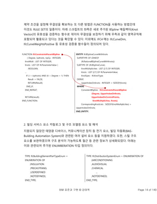 BIM 표준과 구현 © 강태욱 Page 14 of 149
제약 조건을 설정해 무결성을 확보하는 또 다른 방법은 FUNCTION을 사용하는 방법인데
이것도 RULE SET의 일종이다. 아래 스크립트의 좌측은 새로 추가된 BSpline 매듭백터(Knot
Vector)의 유효성을 검증하는 함수로 데이터 무결성을 보장하기 위해 우측과 같이 영역규칙에
포함되어 활용되고 있다는 것을 확인할 수 있다. 이외에도 IFC4 에는 IfcCurveDim,
IfcCurveWeightsPositive 등 유효성 검증용 함수들이 정의되어 있다.
FUNCTION IfcConstraintsParamBSpline
( Degree, UpKnots, UpCp : INTEGER;
KnotMult : LIST OF INTEGER;
Knots : LIST OF IfcParameterValue )
: BOOLEAN;
...
IF (i = UpKnots) AND (K > Degree + 1) THEN
Result := FALSE;
RETURN(Result);
END_IF;
END_REPEAT;
RETURN(result);
END_FUNCTION;
ENTITY IfcBSplineCurveWithKnots
SUPERTYPE OF (ONEOF
(IfcRationalBSplineCurveWithKnots))
SUBTYPE OF (IfcBSplineCurve);
KnotMultiplicities : LIST [2:?] OF INTEGER;
Knots : LIST [2:?] OF IfcParameterValue;
KnotSpec : IfcKnotType;
DERIVE
UpperIndexOnKnots : INTEGER := SIZEOF(Knots);
WHERE
ConsistentBSpline : IfcConstraintsParamBSpline
(Degree, UpperIndexOnKnots,
UpperIndexOnControlPoints,
KnotMultiplicities, Knots);
CorrespondingKnotLists : SIZEOF(KnotMultiplicities) =
UpperIndexOnKnots;
END_ENTITY;
2. 빌딩 서비스 요소 카탈로그 및 구조 모델링 요소 및 해석
지원되지 않았던 태양광 디바이스, 커뮤니케이션 장치 등 전기 요소, 빌딩 자동화(BAS-
Building Automation System)와 관련된 여러 설비 요소 등을 지원하였다. 또한, 스틸 구조
요소를 보완하였으며 구조 분석이 가능하도록 철근 등 관련 정보가 상세화되었다. 아래는
이와 관련되어 추가된 ENUMBERATION 타입 정의이다.
TYPE IfcBuildingElementPartTypeEnum =
ENUMERATION OF
(INSULATION
,PRECASTPANEL
,USERDEFINED
,NOTDEFINED);
END_TYPE;
TYPE IfcDistributionSystemEnum = ENUMERATION OF
(AIRCONDITIONING
,AUDIOVISUAL
,CHEMICAL
...
,NOTDEFINED);
END_TYPE;
 
