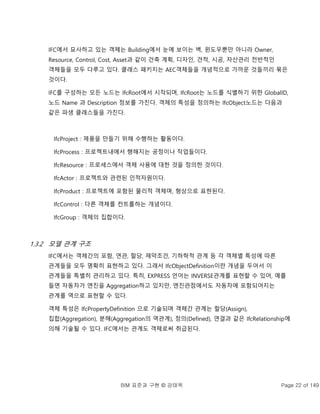 BIM 표준과 구현 © 강태욱 Page 22 of 149
IFC에서 묘사하고 있는 객체는 Building에서 눈에 보이는 벽, 윈도우뿐만 아니라 Owner,
Resource, Control, Cost, Asset과 같이 건축 계획, 디자인, 견적, 시공, 자산관리 전반적인
객체들을 모두 다루고 있다. 클래스 패키지는 AEC객체들을 개념적으로 가까운 것들끼리 묶은
것이다.
IFC를 구성하는 모든 노드는 IfcRoot에서 시작되며, IfcRoot는 노드를 식별하기 위한 GlobalID,
노드 Name 과 Description 정보를 가진다. 객체의 특성을 정의하는 IfcObject노드는 다음과
같은 파생 클래스들을 가진다.
IfcProject : 제품을 만들기 위해 수행하는 활동이다.
IfcProcess : 프로젝트내에서 행해지는 공정이나 작업들이다.
IfcResource : 프로세스에서 객체 사용에 대한 것을 정의한 것이다.
IfcActor : 프로젝트와 관련된 인적자원이다.
IfcProduct : 프로젝트에 포함된 물리적 객체며, 형상으로 표현된다.
IfcControl : 다른 객체를 컨트롤하는 개념이다.
IfcGroup : 객체의 집합이다.
1.3.2 모델 관계 구조
IFC에서는 객체간의 포함, 연관, 할당, 제약조건, 기하학적 관계 등 각 객체별 특성에 따른
관계들을 모두 명확히 표현하고 있다. 그래서 IfcObjectDefinition이란 개념을 두어서 이
관계들을 특별히 관리하고 있다. 특히, EXPRESS 언어는 INVERSE관계를 표현할 수 있어, 예를
들면 자동차가 엔진을 Aggregation하고 있지만, 엔진관점에서도 자동차에 포함되어지는
관계를 역으로 표현할 수 있다.
객체 특성은 IfcPropertyDefinition 으로 기술되며 객체간 관계는 할당(Assign),
집합(Aggregation), 분해(Aggregation의 역관계), 정의(Defined), 연결과 같은 IfcRelationship에
의해 기술될 수 있다. IFC에서는 관계도 객체로써 취급된다.
 