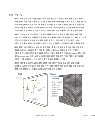 BIM 표준과 구현 © 강태욱 Page 27 of 149
1.3.3 객체 구조
솔리드 모델링은 실제 모델을 만들기 위해 많은 시간이 소요된다. 예를 들어 집을 설계하기
위해 솔리드 모델러를 이용해, 점, 선, 면, 입체를 하나 하나씩 만들어 바닥과 벽, 지붕을 만드는
것과 미리 준비되어 있는 바닥, 벽, 지붕의 파라메터를 조정해 설계하는 것과는 생산성에 큰
차이가 있음은 명백하다. 게다가 벽에는 기하학적 요소의 집합뿐만 아니라 벽체 재료와 같은
고유의 속성도 존재하므로 기존의 솔리드 모델러 만으로는 표현하기 어려운 부분이 많다.
솔리드 모델에 비해 객체지향적인 모델은 객체을 중심으로 모든 정보를 모아서 배열한다.
이는 정보 모델링에서 객체지향 모델링방법을 사용하는 방법과 동일하다. 다만, 대상이 그래픽
모델 정보란 차이일 뿐이다. 벽이 기하학적으로 점, 선, 면의 위상적 집합이지만, 이런
집합으로 다루기 보다는 벽 자체로 인식하는 편이 사람에게는 더 직관적이며, 다루기가 쉽다.
예를 들어 건축의 경우에는 바닥, 벽, 창문, 지붕, 층 등이 모델링 될 객체가 되며 각자 해당
객체를 표현하는 파라메터를 가진다. 즉, 벽체는 코어(Core), 마감재료, 도장, 단열재의
집합으로 구성되어 관련된 파라메터를 가진다. 토목의 경우 평면 선형(Alignment), 종단 선형,
횡단(Cross section), 교량, 부지, 수치지형 등이 객체가 되며 마찬가지로 적절한 파라메터를
가진다. 기계 분야에서는 기어, 너트와 같은 객체가 활용될 수 있다.
그림은 벽체를 순수하게 솔리드로만 표현한 것과 객체기반으로 모델링한 것의 차이를
보여준다. 솔리드 기반에서는 모든 정보가 기하학과 위상학적인 정보만 제공해줄 수 있지만,
객체 기반 모델에서는 객체의 속성정보까지 포함되어 제공된다.
Property set
GUID = W03b0I7
Length = 3.2m
Width = 60cm
Height = 4m
Surface = brick
Volume = ...
Material = ..
Cost = $...
Edge
Polyloop
Solid
Vertex
Face
Edge
Edge
Edge
Object
 
