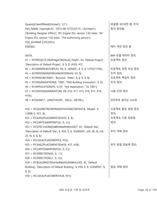BIM 표준과 구현 © 강태욱 Page 34 of 149
QuantityTakeOffAddOnView]'), '2;1');
FILE_NAME ('example.ifc', '2013-08-15T22:03:15', ('Architect'),
('Building Designer Office'), 'IFC Engine DLL version 1.02 beta', 'IFC
Engine DLL version 1.02 beta', 'The authorising person');
FILE_SCHEMA (('IFC2X3'));
ENDSEC;
DATA;
#1 = IFCPROJECT('2NJiPr4gzCWOVa3Z_YKqfV', #2, 'Default Project',
'Description of Default Project', $, $, $, (#20), #7);
#2 = IFCOWNERHISTORY(#3, #6, $, .ADDED., $, $, $, 1376571795);
#3 = IFCPERSONANDORGANIZATION(#4, #5, $);
#4 = IFCPERSON('ID001', 'Bonsma', 'Peter', $, $, $, $, $);
#5 = IFCORGANIZATION($, 'TNO', 'TNO Building Innovation', $, $);
#6 = IFCAPPLICATION(#5, '0.10', 'Test Application', 'TA 1001');
#7 = IFCUNITASSIGNMENT((#8, #9, #10, #11, #15, #16, #17, #18,
#19));
#8 = IFCSIUNIT(*, .LENGTHUNIT., .MILLI., .METRE.);
...
#20 = IFCGEOMETRICREPRESENTATIONCONTEXT($, 'Model', 3,
1.000E-5, #21, $);
#21 = IFCAXIS2PLACEMENT3D(#22, $, $);
#22 = IFCCARTESIANPOINT((0., 0., 0.));
#23 = IFCSITE('2mOMAS4BPAWeItH4EihObT', #2, 'Default Site',
'Description of Default Site', $, #24, $, $, .ELEMENT., (24, 28, 0), (54,
25, 0), $, $, $);
#24 = IFCLOCALPLACEMENT($, #25);
#25 = IFCAXIS2PLACEMENT3D(#26, #27, #28);
#26 = IFCCARTESIANPOINT((0., 0., 0.));
#27 = IFCDIRECTION((0., 0., 1.));
#28 = IFCDIRECTION((1., 0., 0.));
#29 = IFCBUILDING('0Dvk3w8Wz0Svt0XBInUr2Q', #2, 'Default
Building', 'Description of Default Building', $, #30, $, $, .ELEMENT., $,
$, $);
#30 = IFCLOCALPLACEMENT(#24, #31);
파일명, IFC버전 명, 주석
등의 정의됨.
헤더 섹션 정의 끝.
BIM 모델 데이터 정의.
프로젝트 정의.
프로젝트 관련 속성 정보
조직 정의.
프로젝트 책임자 정의.
조직 정의.
사용 단위 정의.
SI단위로 길이는 mm임.
프로젝트 형상 표현 정보
정의.
프로젝트 기준 좌표점
정의.
부지 객체 정의.
부지 로컬 좌표계 정의.
빌딩 객체 정의.
 