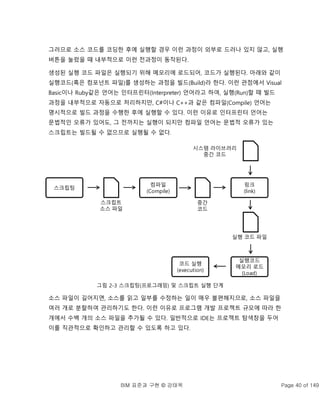 BIM 표준과 구현 © 강태욱 Page 40 of 149
그러므로 소스 코드를 코딩한 후에 실행할 경우 이런 과정이 외부로 드러나 있지 않고, 실행
버튼을 눌렀을 때 내부적으로 이런 전과정이 동작된다.
생성된 실행 코드 파일은 실행되기 위해 메모리에 로드되어, 코드가 실행된다. 아래와 같이
실행코드(혹은 컴포넌트 파일)를 생성하는 과정을 빌드(Build)라 한다. 이런 관점에서 Visual
Basic이나 Ruby같은 언어는 인터프린터(Interpreter) 언어라고 하여, 실행(Run)할 때 빌드
과정을 내부적으로 자동으로 처리하지만, C#이나 C++과 같은 컴파일(Compile) 언어는
명시적으로 빌드 과정을 수행한 후에 실행할 수 있다. 이런 이유로 인터프린터 언어는
문법적인 오류가 있어도, 그 전까지는 실행이 되지만 컴파일 언어는 문법적 오류가 있는
스크립트는 빌드될 수 없으므로 실행될 수 없다.
그림 2-3 스크립팅(프로그래밍) 및 스크립트 실행 단계
소스 파일이 길어지면, 소스를 읽고 일부를 수정하는 일이 매우 불편해지므로, 소스 파일을
여러 개로 분할하여 관리하기도 한다. 이런 이유로 프로그램 개발 프로젝트 규모에 따라 한
개에서 수백 개의 소스 파일을 추가될 수 있다. 일반적으로 IDE는 프로젝트 탐색창을 두어
이를 직관적으로 확인하고 관리할 수 있도록 하고 있다.
스크립팅
스크립트
소스 파일
컴파일
(Compile)
링크
(link)
중간
코드
시스템 라이브러리
중간 코드
실행 코드 파일
실행코드
메모리 로드
(Load)
코드 실행
(execution)
 