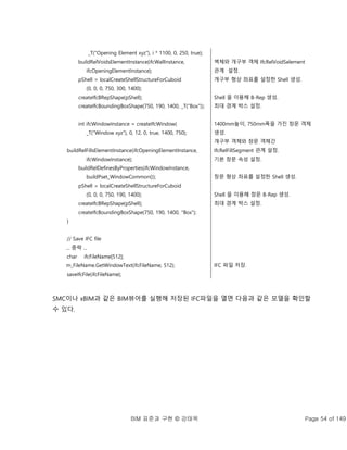BIM 표준과 구현 © 강태욱 Page 54 of 149
_T("Opening Element xyz"), i * 1100, 0, 250, true);
buildRelVoidsElementInstance(ifcWallInstance,
ifcOpeningElementInstance);
pShell = localCreateShellStructureForCuboid
(0, 0, 0, 750, 300, 1400);
createIfcBRepShape(pShell);
createIfcBoundingBoxShape(750, 190, 1400, _T("Box"));
int ifcWindowInstance = createIfcWindow(
_T("Window xyz"), 0, 12, 0, true, 1400, 750);
buildRelFillsElementInstance(ifcOpeningElementInstance,
ifcWindowInstance);
buildRelDefinesByProperties(ifcWindowInstance,
buildPset_WindowCommon());
pShell = localCreateShellStructureForCuboid
(0, 0, 0, 750, 190, 1400);
createIfcBRepShape(pShell);
createIfcBoundingBoxShape(750, 190, 1400, "Box");
}
// Save IFC file
... 중략 ...
char ifcFileName[512];
m_FileName.GetWindowText(ifcFileName, 512);
saveIfcFile(ifcFileName);
벽체와 개구부 객체 IfcRelVoidSelement
관계 설정.
개구부 형상 좌표를 설정한 Shell 생성.
Shell 을 이용해 B-Rep 생성.
최대 경계 박스 설정.
1400mm높이, 750mm폭을 가진 창문 객체
생성.
개구부 객체와 창문 객체간
IfcRelFillSegment 관계 설정.
기본 창문 속성 설정.
창문 형상 좌표를 설정한 Shell 생성.
Shell 을 이용해 창문 B-Rep 생성.
최대 경계 박스 설정.
IFC 파일 저장.
SMC이나 xBIM과 같은 BIM뷰어를 실행해 저장된 IFC파일을 열면 다음과 같은 모델을 확인할
수 있다.
 