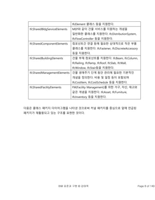 BIM 표준과 구현 © 강태욱 Page 8 of 149
IfcElement 클래스 등을 지원한다.
IfcSharedBldgServiceElements MEP와 같이 건물 서비스를 지원하는 개념을
일반화한 클래스를 지원한다. IfcDistributionSystem,
IfcFlowController 등을 지원한다.
IfcSharedComponentElements 컴포넌트간 연결 등에 필요한 상대적으로 작은 부품
클래스를 지원한다. IfcFastener, IfcDiscreteAccessory
등을 지원한다.
IfcSharedBuildingElements 건물 부재 컴포넌트를 지원한다. IfcBeam, IfcColumn,
IfcRailing, IfcRamp, IfcRoof, IfcSlab, IfcWall,
IfcWindow, IfcStair등을 지원한다.
IfcSharedManagementElements 건물 생애주기 단계 동안 관리에 필요한 기본적인
개념을 정의한다. 비용 및 일정 등이 포함되며
IfcCostItem, IfcCostSchedule 등을 지원한다.
IfcSharedFacilityElements FM(Facility Management)를 위한 가구, 자산, 재고와
같은 개념을 지원한다. IfcAsset, IfcFurniture,
IfcInventory 등을 지원한다.
다음은 클래스 패키지 다이어그램을 나타낸 것으로써 커널 패키지를 중심으로 앞에 언급된
패키지가 재활용되고 있는 구조를 표현한 것이다.
 
