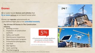 Drones
Air or water-based devices and vehicles that
fly or move without an on-board human pilot.
Drones can operate autonomously on
a pre-defined flight plan or be controlled remotely.
1. Building surveys
2. Inspection of construction
worksite
3. Safety and health
4. Maintenance inspections
5. Reporting project progress
6. Promotional photography
7. Live feed
8. Site logistics
9. Laser scanning
10. Thermal imaging
Top 10 Uses Of Drones In The Construction
Industry
Source https://www.azimuthbuilders.com/blog/top-10-uses-of-drones-in-the-construction-industry
 
