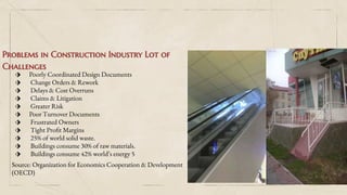 Problems in Construction Industry Lot of
Challenges
⬗ Poorly Coordinated Design Documents
⬗ Change Orders & Rework
⬗ Delays & Cost Overruns
⬗ Claims & Litigation
⬗ Greater Risk
⬗ Poor Turnover Documents
⬗ Frustrated Owners
⬗ Tight Profit Margins
⬗ 25% of world solid waste.
⬗ Buildings consume 30% of raw materials.
⬗ Buildings consume 42% world’s energy 5
Source: Organization for Economics Cooperation & Development
(OECD)
 