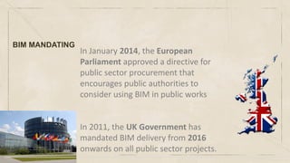 In January 2014, the European
Parliament approved a directive for
public sector procurement that
encourages public authorities to
consider using BIM in public works
In 2011, the UK Government has
mandated BIM delivery from 2016
onwards on all public sector projects.
BIM MANDATING
 