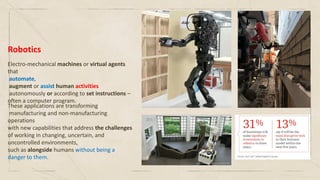 Robotics
Electro-mechanical machines or virtual agents
that
automate,
augment or assist human activities
autonomously or according to set instructions –
often a computer program.
These applications are transforming
manufacturing and non-manufacturing
operations
with new capabilities that address the challenges
of working in changing, uncertain, and
uncontrolled environments,
such as alongside humans without being a
danger to them.
 
