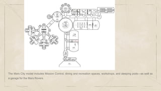The Mars City model includes Mission Control, dining and recreation spaces, workshops, and sleeping pods—as well as
a garage for the Mars Rovers.
 