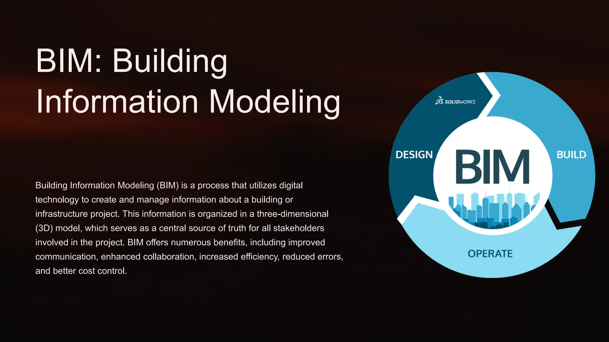BIM: Building
Information Modeling
Building Information Modeling (BIM) is a process that utilizes digital
technology to create and manage information about a building or
infrastructure project. This information is organized in a three-dimensional
(3D) model, which serves as a central source of truth for all stakeholders
involved in the project. BIM offers numerous benefits, including improved
communication, enhanced collaboration, increased efficiency, reduced errors,
and better cost control.
 