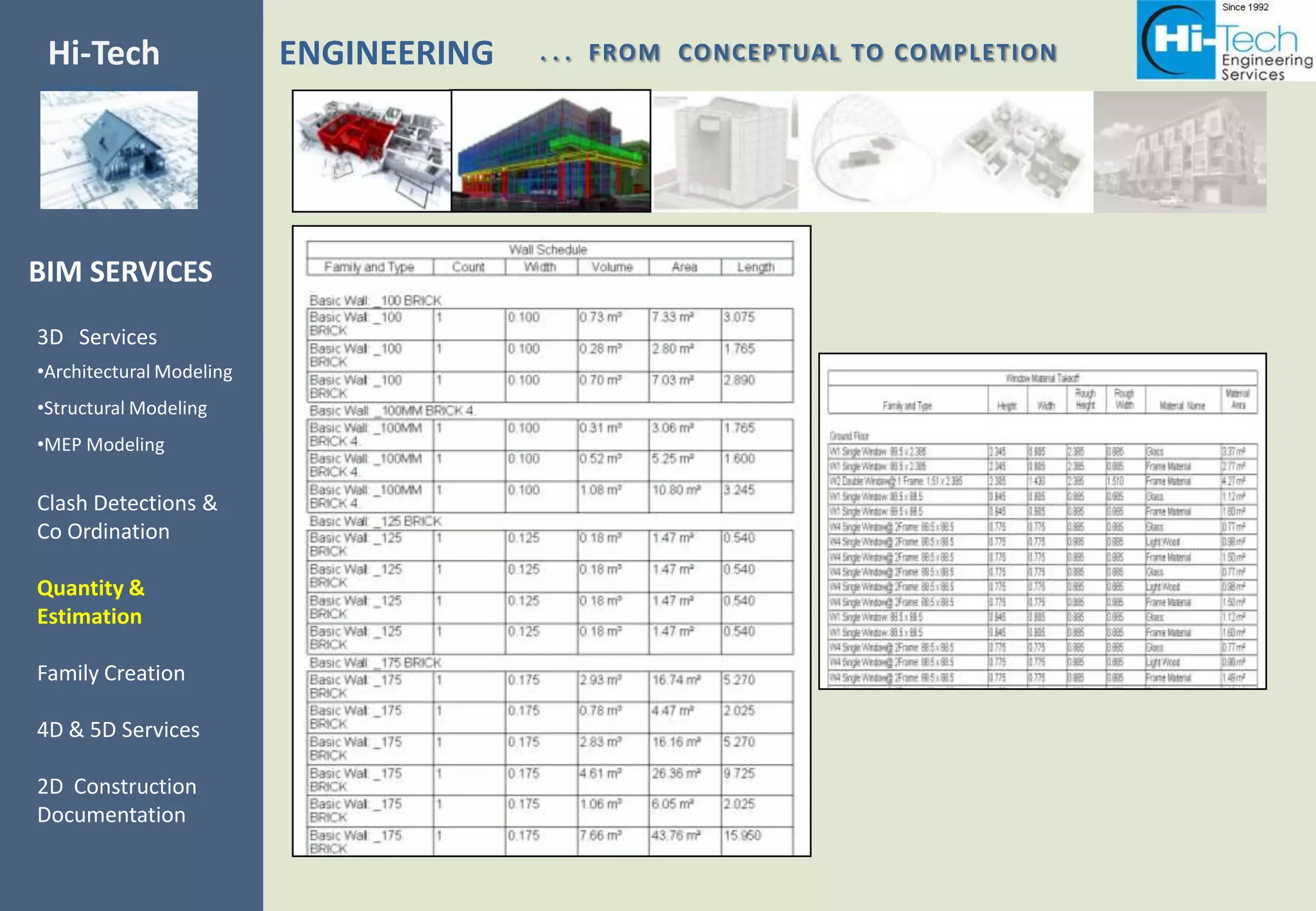 Hi-Tech                   ENGINEERING   . . . FROM CONCEPTUAL TO COMPLETION
SERVICES



BIM SERVICES
3D Services
•Architectural Modeling
•Structural Modeling
•MEP Modeling

Clash Detections &
Co Ordination

Quantity &
Estimation

Family Creation

4D & 5D Services

2D Construction
Documentation
 