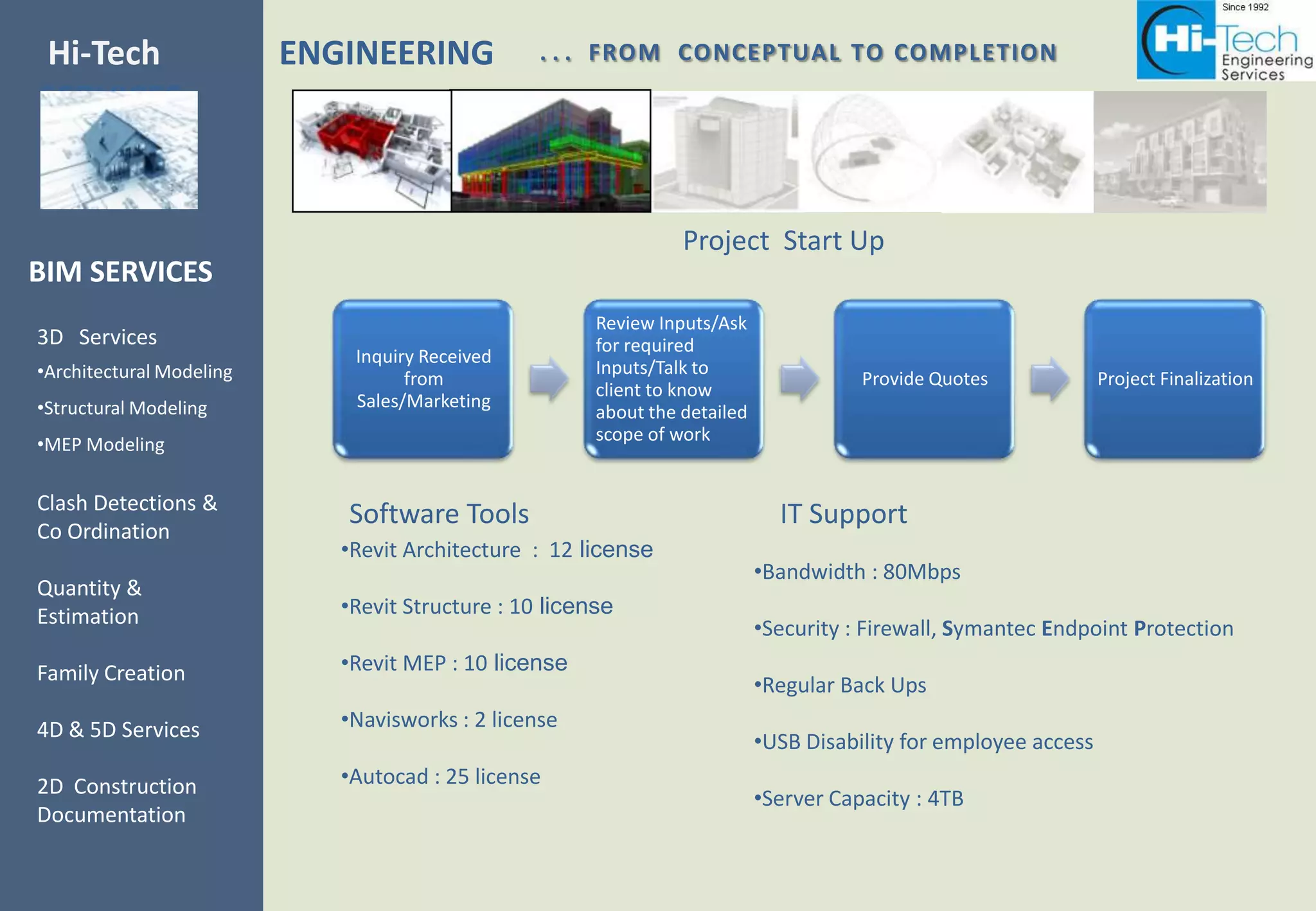 Hi-Tech                   ENGINEERING             . . . FROM CONCEPTUAL TO COMPLETION
SERVICES


                                                                  Project Start Up
BIM SERVICES
                                                        Review Inputs/Ask
3D Services                                             for required
                              Inquiry Received
•Architectural Modeling                                 Inputs/Talk to
                                    from                                                Provide Quotes             Project Finalization
                                                        client to know
•Structural Modeling          Sales/Marketing
                                                        about the detailed
                                                        scope of work
•MEP Modeling

Clash Detections &
                             Software Tools                                    IT Support
Co Ordination
                             •Revit Architecture : 12 license
                                                                             •Bandwidth : 80Mbps
Quantity &
Estimation                   •Revit Structure : 10 license
                                                                             •Security : Firewall, Symantec Endpoint Protection
Family Creation              •Revit MEP : 10 license
                                                                             •Regular Back Ups
4D & 5D Services             •Navisworks : 2 license
                                                                             •USB Disability for employee access
2D Construction              •Autocad : 25 license
                                                                             •Server Capacity : 4TB
Documentation
 