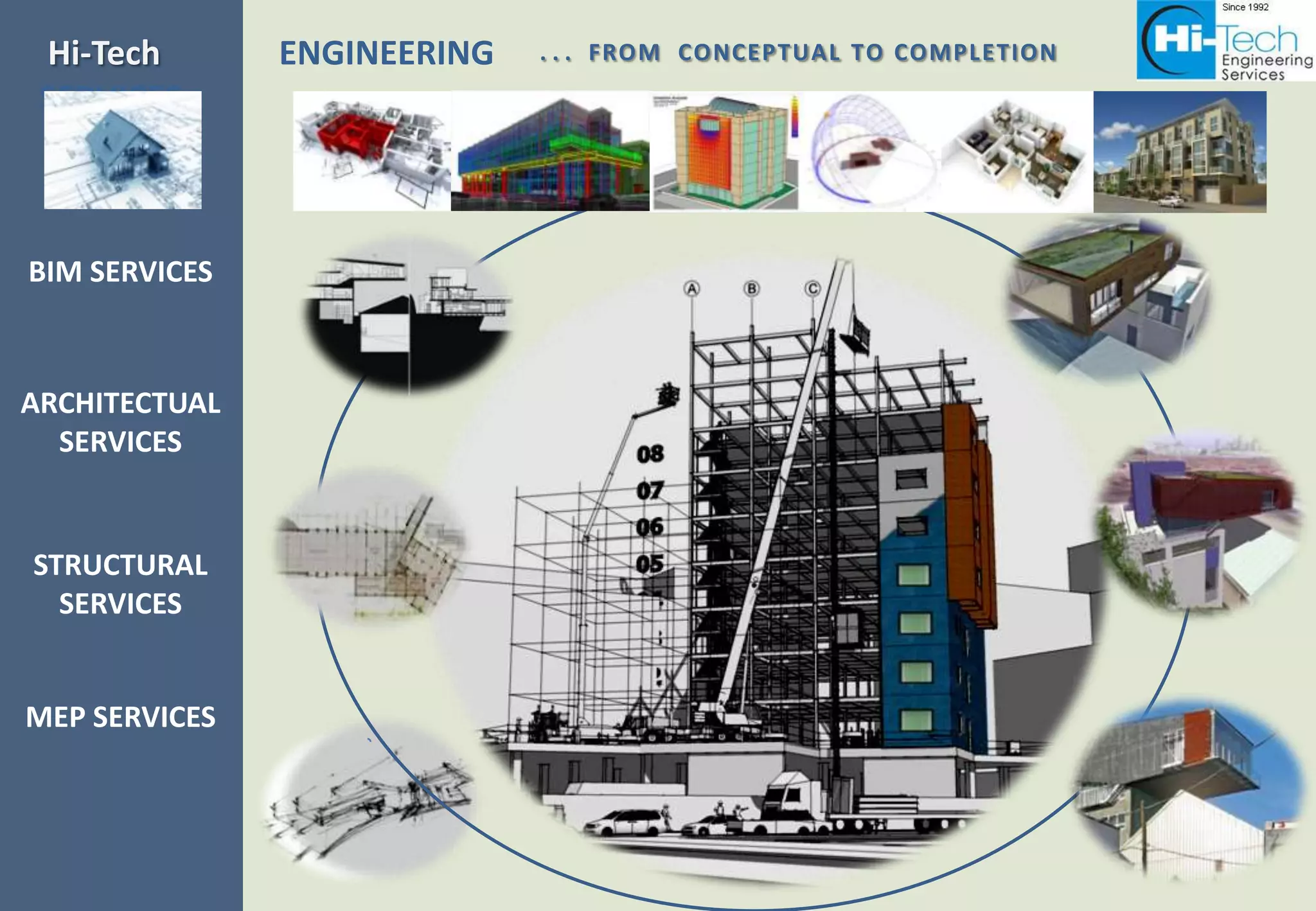 Hi-Tech       ENGINEERING   . . . FROM CONCEPTUAL TO COMPLETION
 SERVICES



BIM SERVICES



ARCHITECTUAL
  SERVICES


STRUCTURAL
  SERVICES


MEP SERVICES
 