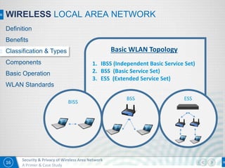 16
Security & Privacy of Wireless Area Network
A Primer & Case Study
WIRELESS LOCAL AREA NETWORK
Definition
Benefits
Classification & Types
Components
Basic Operation
WLAN Standards
Basic WLAN Topology
1. IBSS (Independent Basic Service Set)
2. BSS (Basic Service Set)
3. ESS (Extended Service Set)
ESSBSS
BISS
 