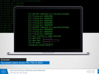 52
Security & Privacy of Wireless Area Network
A Primer & Case Study
Example
Successful attack shows PIN, PSK & SSID
 
