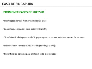 PROMOVER CASOS DE SUCESSO
•Premiações para as melhores iniciativas BIM;
•Capacitações especiais para os Gerentes BIM;
•Simpósio oficial do governo de Singapura para promover palestras e cases de sucesso;
•Promoção em revistas especializadas (BuildingSMART);
•Site official do governo para BIM com todo o conteúdo;
CASO DE SINGAPURA
 