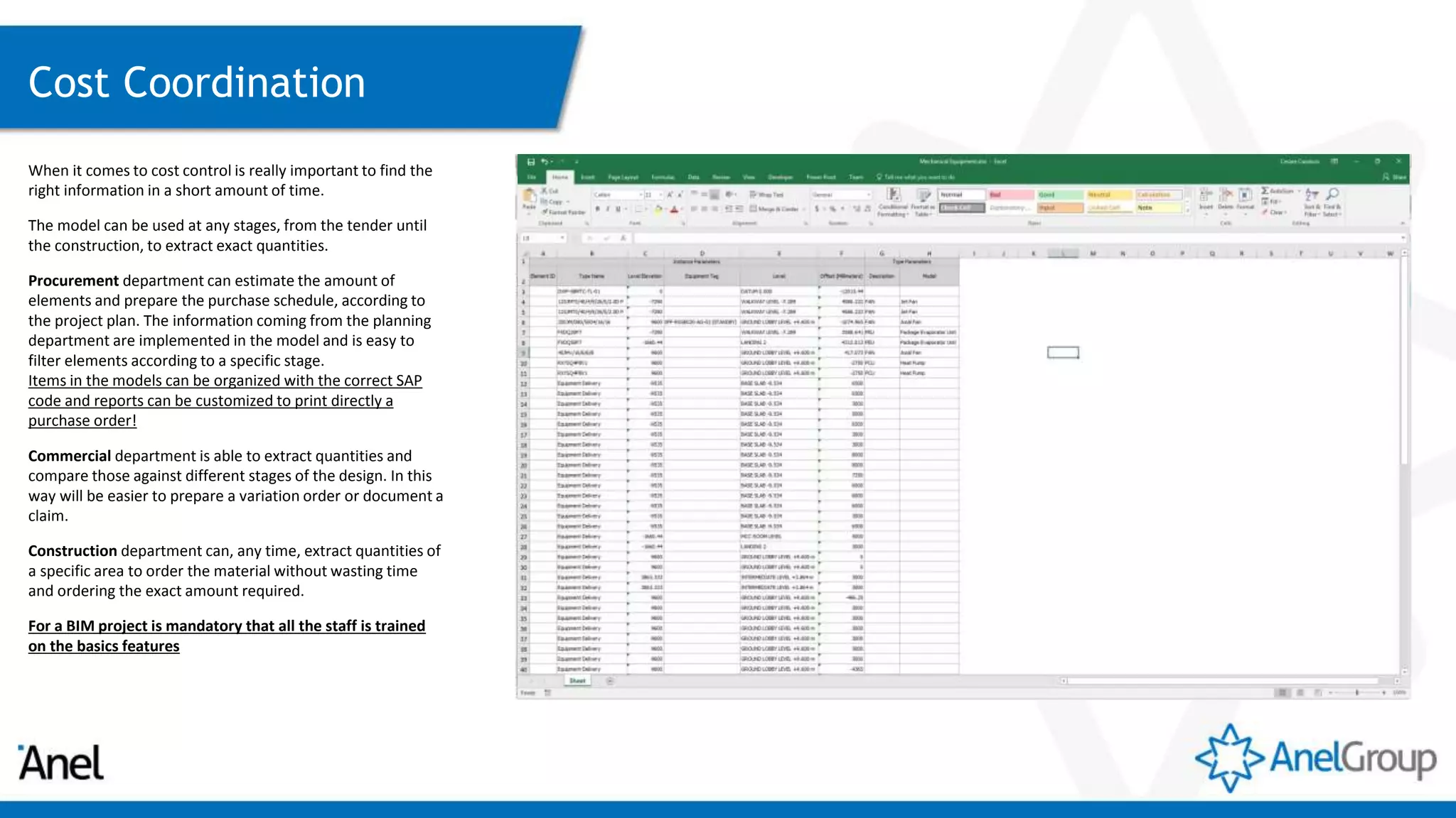 Cost Coordination
When it comes to cost control is really important to find the
right information in a short amount of time.
The model can be used at any stages, from the tender until
the construction, to extract exact quantities.
Procurement department can estimate the amount of
elements and prepare the purchase schedule, according to
the project plan. The information coming from the planning
department are implemented in the model and is easy to
filter elements according to a specific stage.
Items in the models can be organized with the correct SAP
code and reports can be customized to print directly a
purchase order!
Commercial department is able to extract quantities and
compare those against different stages of the design. In this
way will be easier to prepare a variation order or document a
claim.
Construction department can, any time, extract quantities of
a specific area to order the material without wasting time
and ordering the exact amount required.
For a BIM project is mandatory that all the staff is trained
on the basics features
 