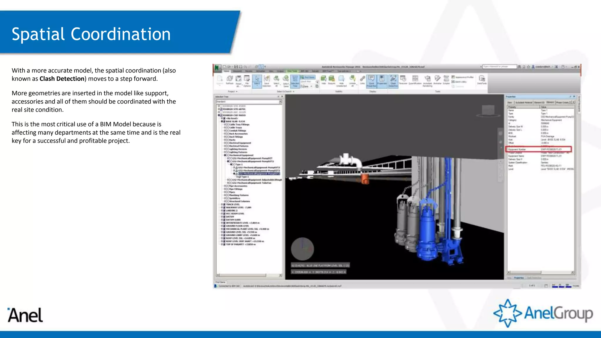 Spatial Coordination
With a more accurate model, the spatial coordination (also
known as Clash Detection) moves to a step forward.
More geometries are inserted in the model like support,
accessories and all of them should be coordinated with the
real site condition.
This is the most critical use of a BIM Model because is
affecting many departments at the same time and is the real
key for a successful and profitable project.
 