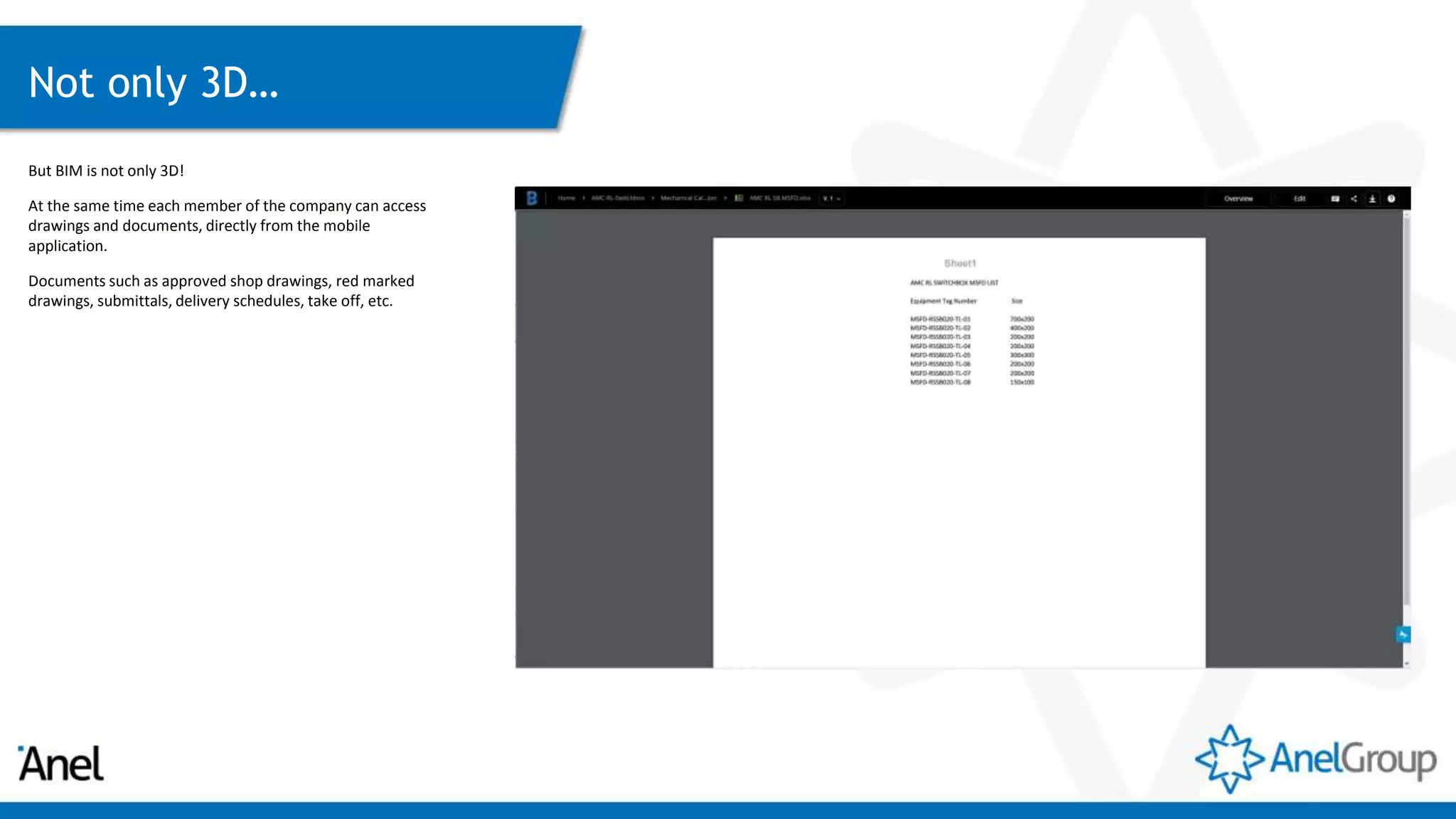 Not only 3D…
But BIM is not only 3D!
At the same time each member of the company can access
drawings and documents, directly from the mobile
application.
Documents such as approved shop drawings, red marked
drawings, submittals, delivery schedules, take off, etc.
 