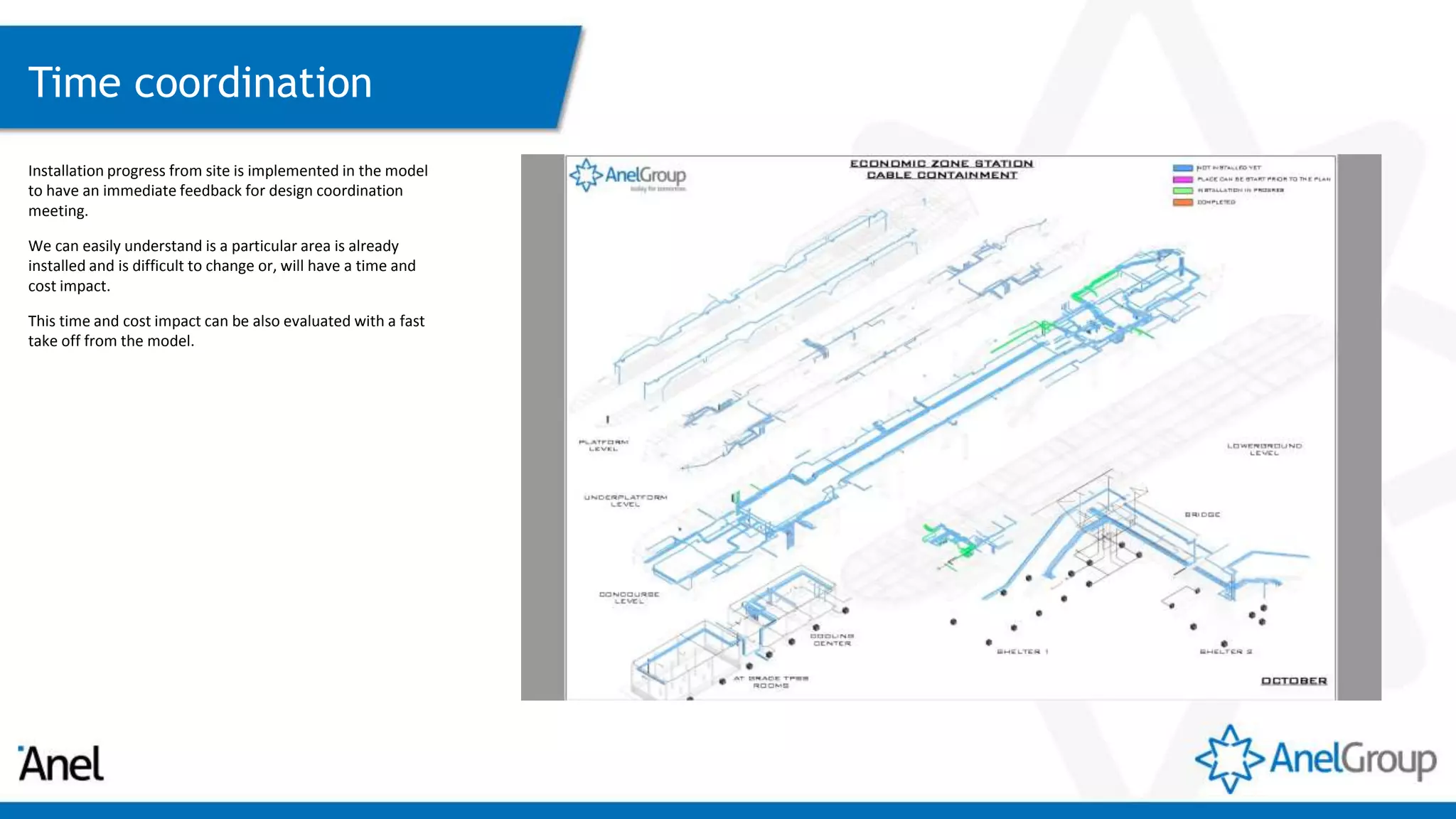 Time coordination
Installation progress from site is implemented in the model
to have an immediate feedback for design coordination
meeting.
We can easily understand is a particular area is already
installed and is difficult to change or, will have a time and
cost impact.
This time and cost impact can be also evaluated with a fast
take off from the model.
 