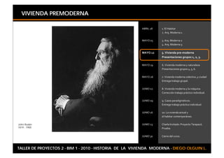 VIVIENDA PREMODERNA




                          t




John Ruskin
1819 - 1900




TALLER DE PROYECTOS 2 - BIM 1 - 2010 - HISTORIA DE LA VIVIENDA MODERNA - DIEGO OLGUIN L.
 