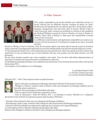 Palet Sournais



                                                      Le Palet Sournais


                                           2011, année comparable au niveau des résultats aux 5 dernières saisons. Le
                                           travail effectué par les différents bureaux continue de porter ses fruits.
                                           Profitons de cette spirale positive et espérons que 2012 soit de même calibre.
                                           Quelques changements sont intervenus dans le bureau, Mylène Cadio et
                                           Alain Gueveneu, après 4 années au secrétariat se retirent et sont remplacés
                                           par Richard Philippot secondé de Yoan Le Bruchec (14 ans) et Thierry Le
                                           Dévéhat. Merci donc à Mylène et Alain pour leur disponibilité et bonne
                                           chance à leur successeur.
                                           Les différentes manifestations sont également comparables aux saisons avec
                                           une nouvelle fois la réussite le 15 août pour le compte de nos amis du comité
                                           des fêtes.
Kylian Le Moing et Yoan Le Bruchec, deux de nos jeunes espoirs sont entrés dans le bureau et pour la troisième
année consécutive ont dignement représentés nos activités traditionnelles lors du festival interceltique de Lorient.
Le fait marquant de l'année 2011 a été l'organisation de notre premier loto. Merci aux sponsors de leur soutien et un
grand bravo à tous les bénévoles qui se sont mobilisés afin que cette journée soit une belle réussite avec 450
personnes.
De très bons résultats sportifs sont venus compléter cette année. Tous les titres individuels départementaux et
régionaux reviennent aux joueurs Sournais (voir palmarès ci-dessous).
En attendant le printemps prochain, nous souhaitons aux Sournaises et aux Sournais de joyeuses fêtes, ainsi qu'une
bonne année 2012.
Vive le palet, vive la tradition et vive la Bretagne.

                                                                                           Le président Benoit Collet
                                                                                        Le trésorier Claude Gueveneu
                                                                                       Le secrétaire Richard Philippot

Palmarès 2011 : 4 des 7 titres majeurs séniors au palet Sournais.

            - Alain Le Bruchec est champion de Bretagne individuel et Benoit Collet termine troisième.
            - Philippe Le Merlus, Yannick Collin et Benoit Collet sont champions de Bretagne triplettes pour la
            deuxième année consécutive.
            - Benoit Collet est champion du Morbihan individuel.
            - Chez les espoirs Yoan Le Bruchec remporte les 2 titres.
            - Pour le classement « Palet d'or Breton 2011 » en attendant la remise officielle les 2 catégories
devraient revenir au Sourn avec plusieurs joueurs dans les places d'honneur :

- Yannick Collin et Benoit Collet sont vice-champions de Bretagne doublettes.
- Alain Bruchec, Henri Cadio, Yannick Collin et Benoit Collet sont troisième du Bretagne Quadrettes.
- Yannick Collin fait le double en remportant le challenge des sociétaires et la coupe du Banquet.
Ci-joint 2 photos Alain Le Bruchec champion de Bretagne individuel.
Benoit Collet, Philippe Le Merlus et Yannick Collin champions de Bretagne triplettes.
 