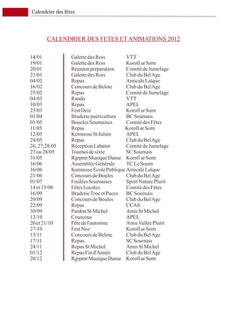 Calendrier des fêtes




       CALENDRIER DES FETES ET ANIMATIONS 2012

14/01             Galette des Rois        VTT
19/01             Galette des Rois        Koroll ar Sorn
20/01             Réunion préparation     Comité de Jumelage
21/01             Galette des Rois        Club du Bel Age
04/02             Repas                   Amicale Laïque
16/02             Concours de Belote      Club du Bel Age
25/02             Repas                   Comité de Jumelage
04/03             Rando                   VTT
10/03             Repas                   APEL
25/03             Fest Deiz               Koroll ar Sorn
01/04             Braderie puériculture   BC Sournais
01/05             Boucles Sournaises      Comité des Fêtes
11/05             Repas                  Koroll ar Sorn
12/05             Kermesse St Julien      APEL
24/05             Repas                   Club du Bel Age
26, 27,28/05      Réception Labatut       Comité de Jumelage
27 ou 28/05       Tournoi de sixte        SC Sournais
31/05             Rgrpmt Musique Danse Koroll ar Sorn
16/06             Assemblée Générale      TC Le Sourn
16/06             Kermesse Ecole Publique Amicale Laïque
21/06             Concours de Boules      Club du Bel Age
01/07             Foulées Sournaises      Sport Nature Plurit
14 et 15/08       Fêtes Locales           Comité des Fêtes
16/09             Braderie Troc et Puces  BC Sournais
20/09             Concours de Boules      Club du Bel Age
22/09             Repas                   CCAS
30/09             Pardon St Michel        Amis St Michel
13/10             Couscous                APEL
20 et 21/10       Fête de l'automne       Amis Vallée Plurit
27/10             Fest Noz                Koroll ar Sorn
15/11             Concours de Belote      Club du Bel Age
17/11             Repas                   SC Sournais
24/11             Repas St Michel         Amis St Michel
01/12             Repas Fin d'Année       Club du Bel Age
20/12             Rgrpmt Musique Danse Koroll ar Sorn
 