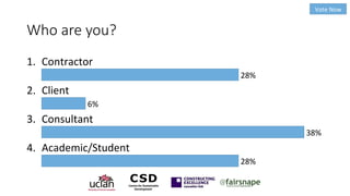 Who are you?
1.
Contractor
28%
2.
Client
6%
3.
Consultant
38%
4.
Academic/Student
28%
Vote
Now
(38
ParFcipants)